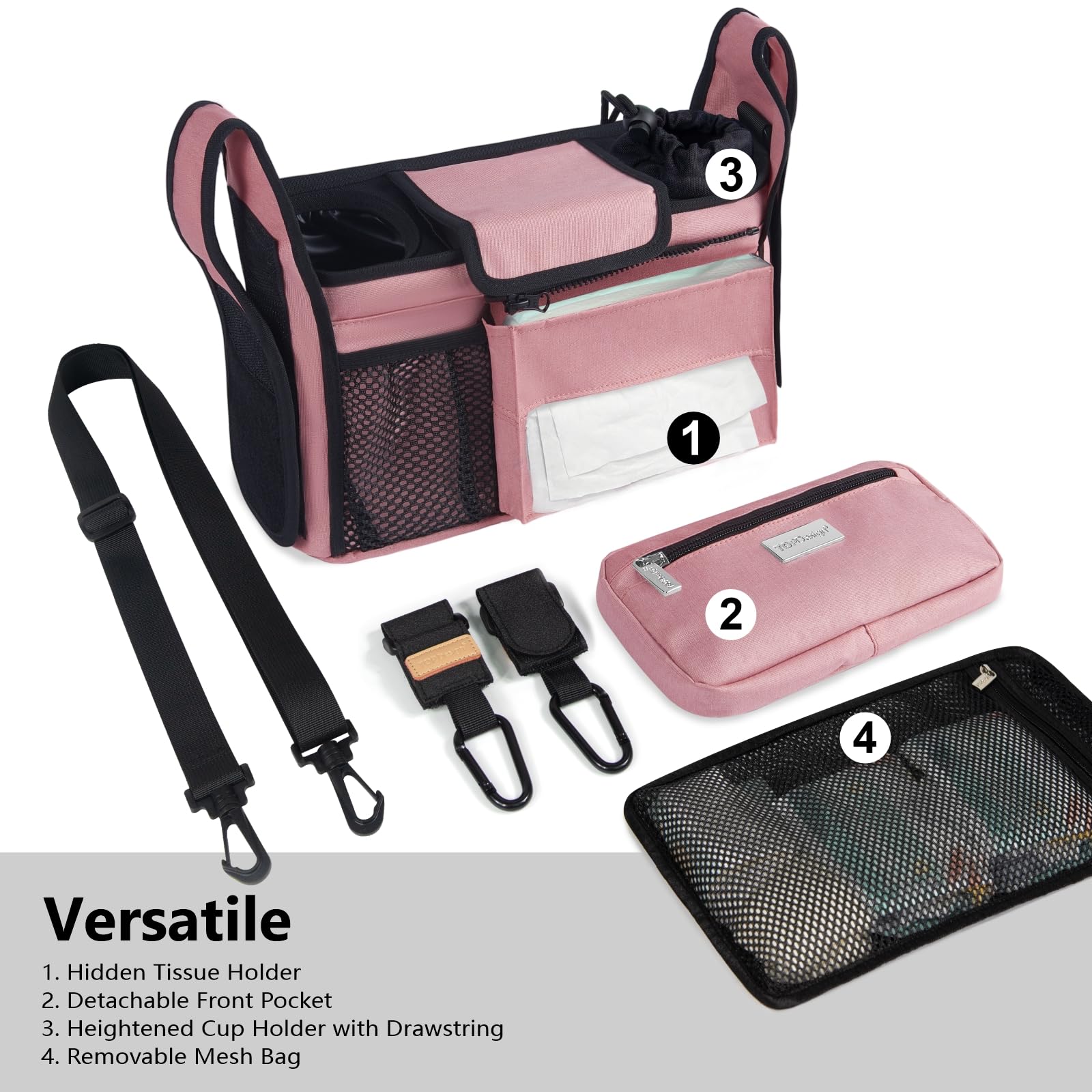 TOPDesign stroller organizer with mesh bag detached for easy washing and storage.