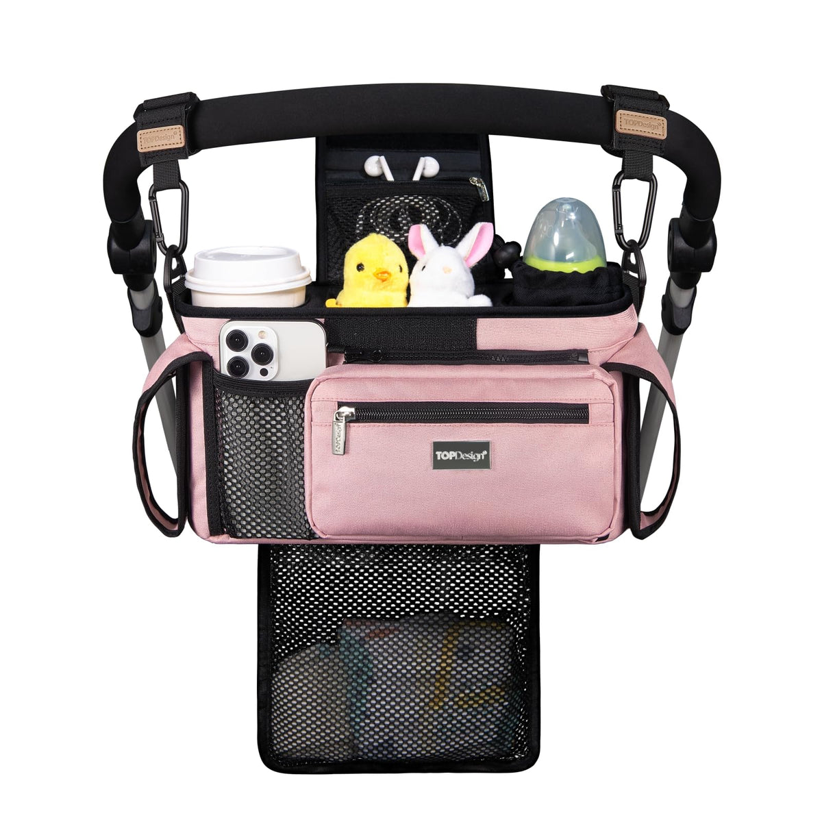 TOPDesign universal stroller organizer pink, front view, tidy essentials for outings.
