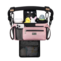TOPDesign universal stroller organizer pink, front view, tidy essentials for outings.