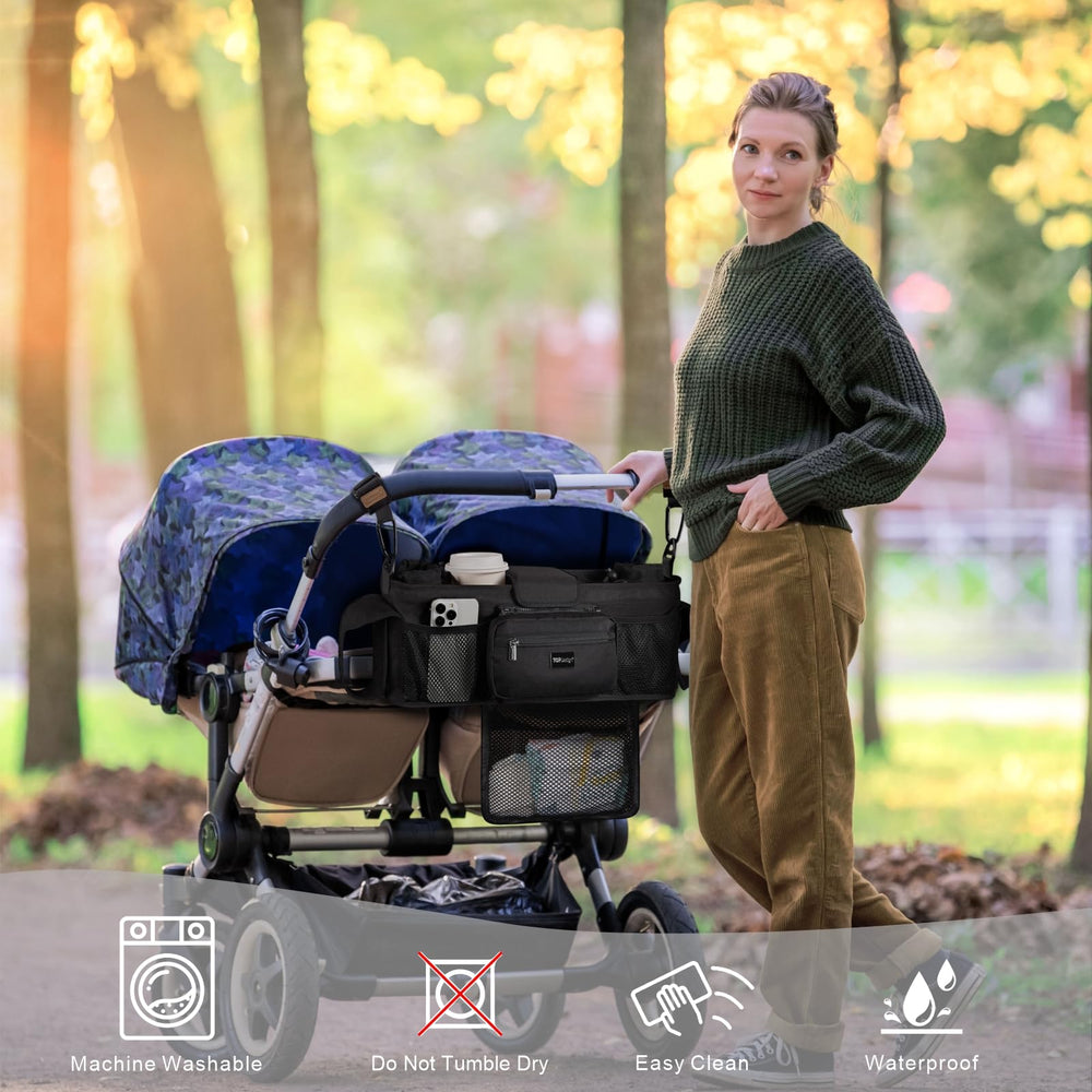 TOPDesign stroller organizer detachable mesh bag for quick laundry or diaper storage.
