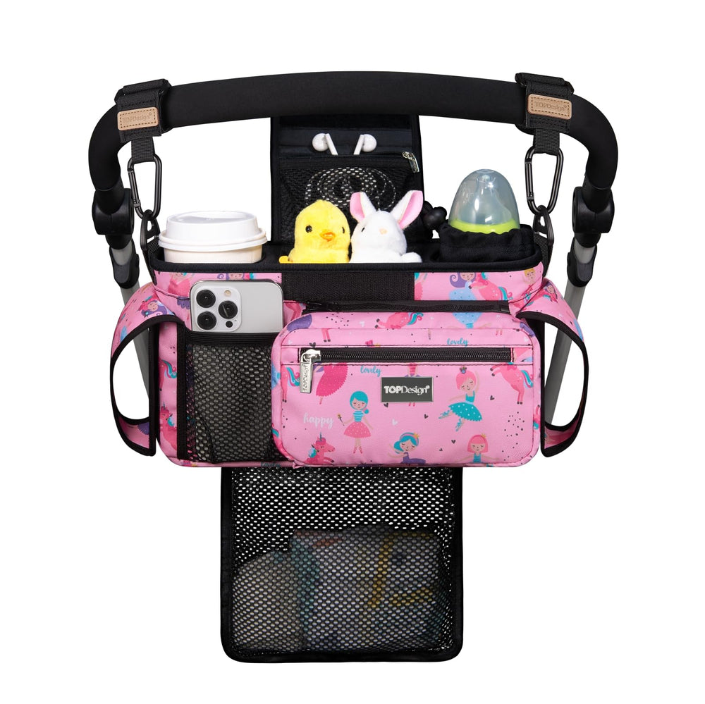 TOPDesign universal stroller organizer front view showing sturdy build and organized pockets for quick access