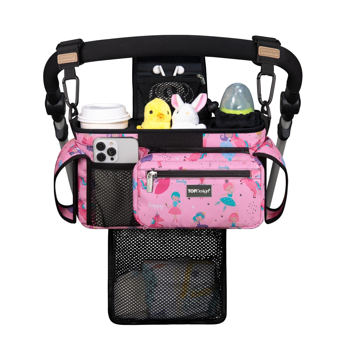 TOPDesign universal stroller organizer front view showing sturdy build and organized pockets for quick access