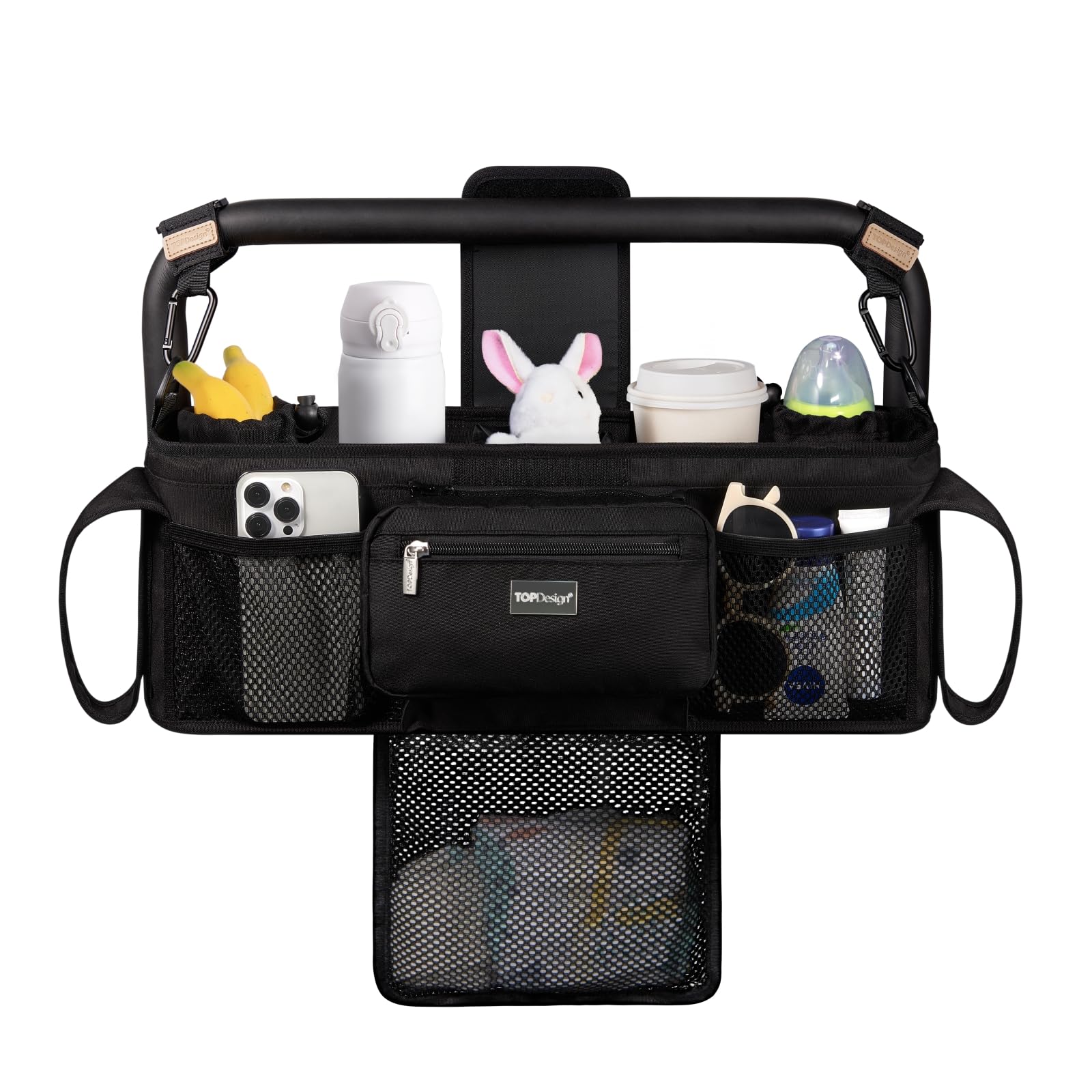 TOPDesign universal stroller organizer front view with easy access pockets.