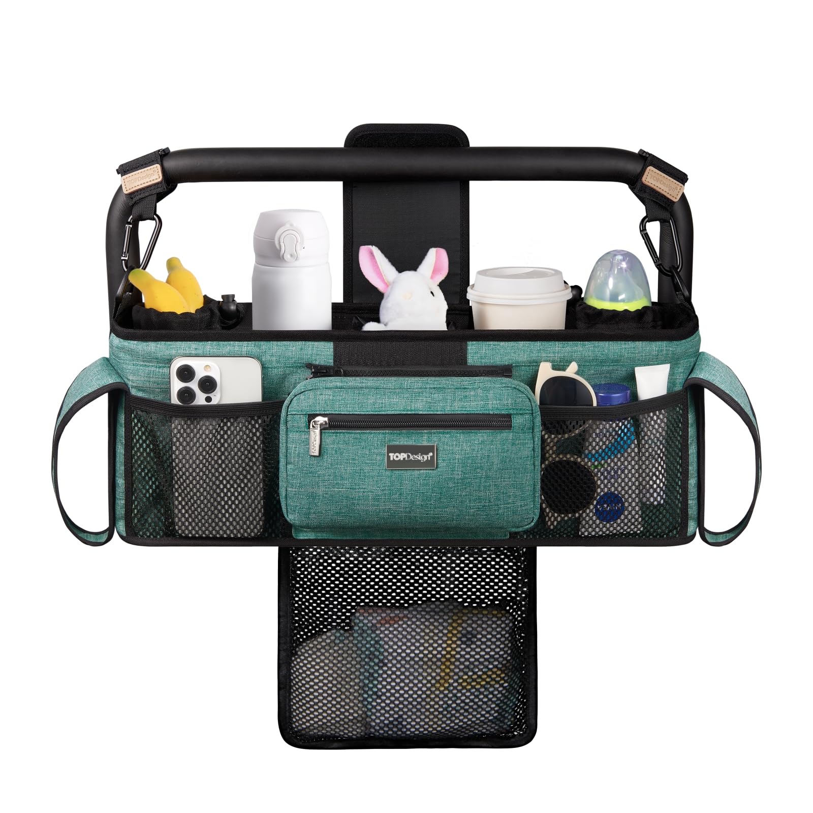 TOPDesign universal stroller organizer green front view for easy access to essentials.