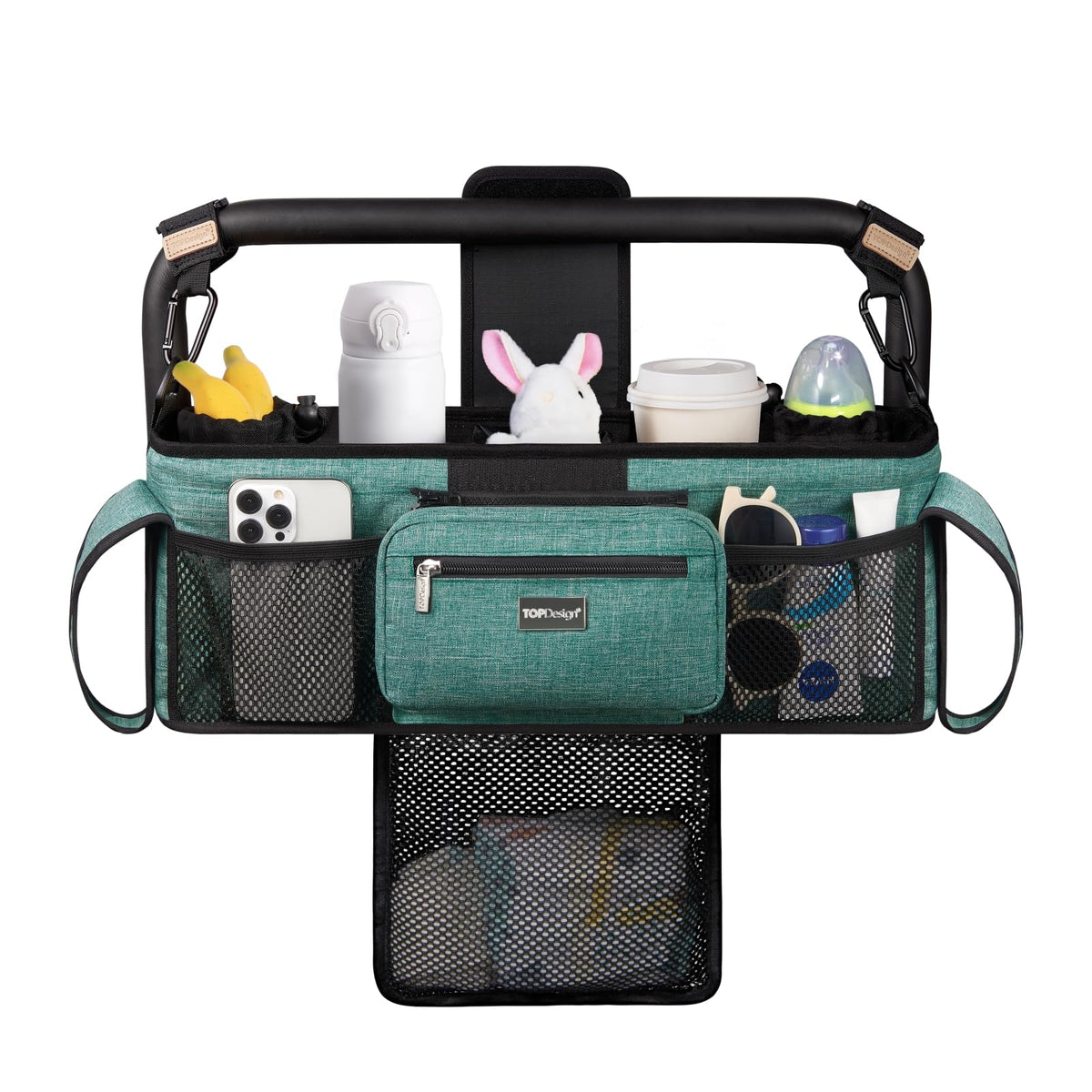 TOPDesign universal stroller organizer green front view for easy access to essentials.