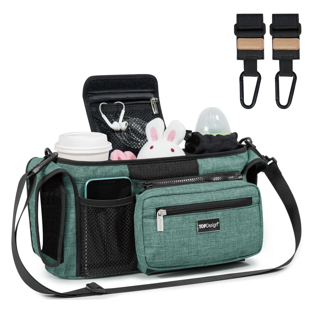TOPDesign universal stroller organizer in green keeps essentials within easy reach