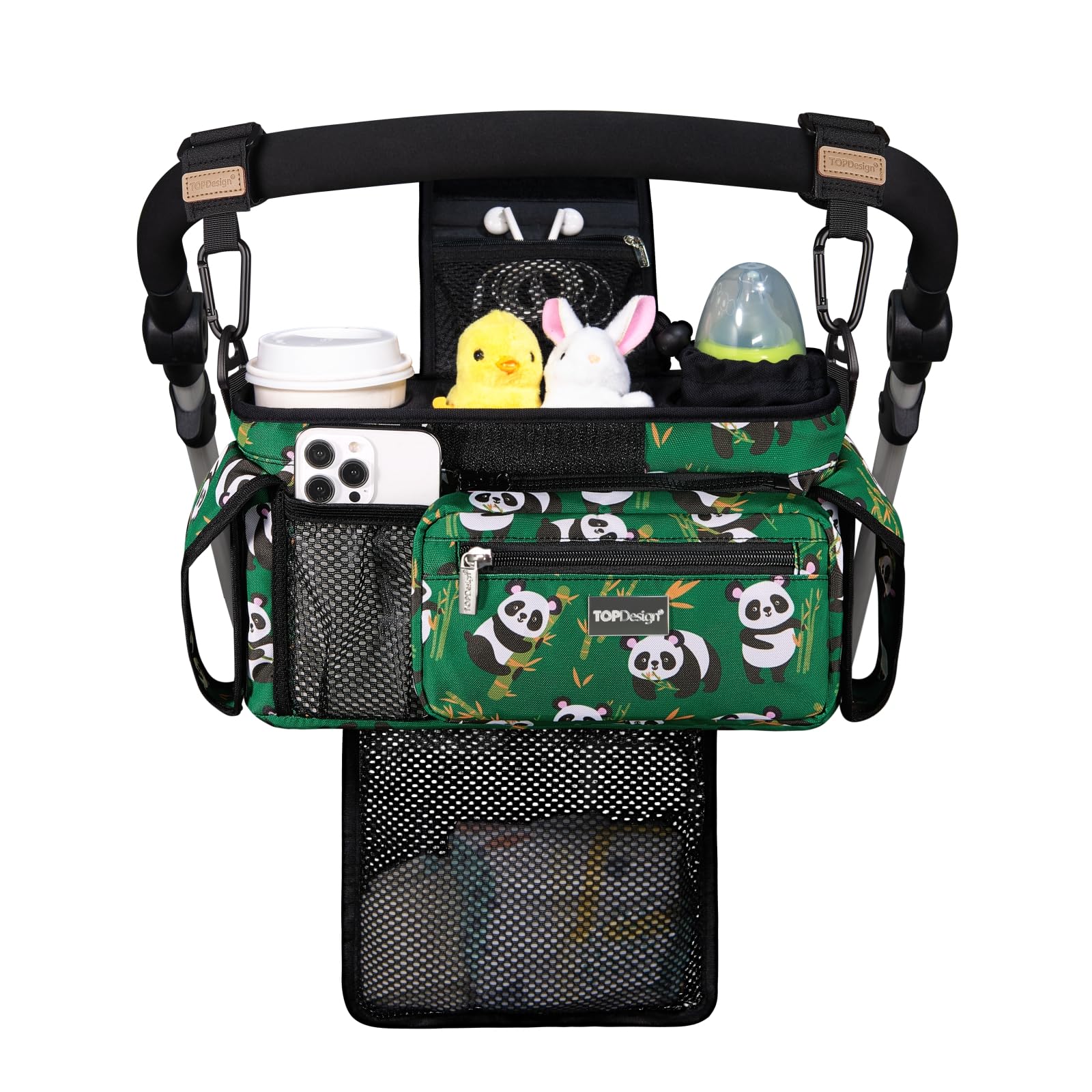 TopDesign Universal Stroller Organizer with Pandas, front view showing organized compartments for quick access.