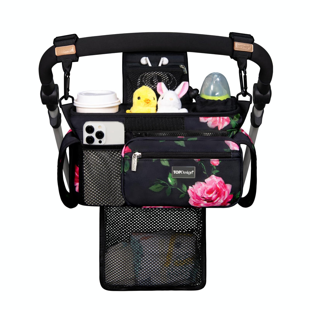 TopDesign universal stroller organizer, peony front view, keeps essentials within easy reach.