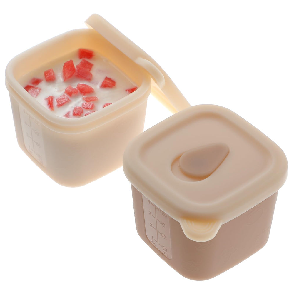 TOPGOMES silicone baby food containers with lids; leakproof and portable for on-the-go meals.