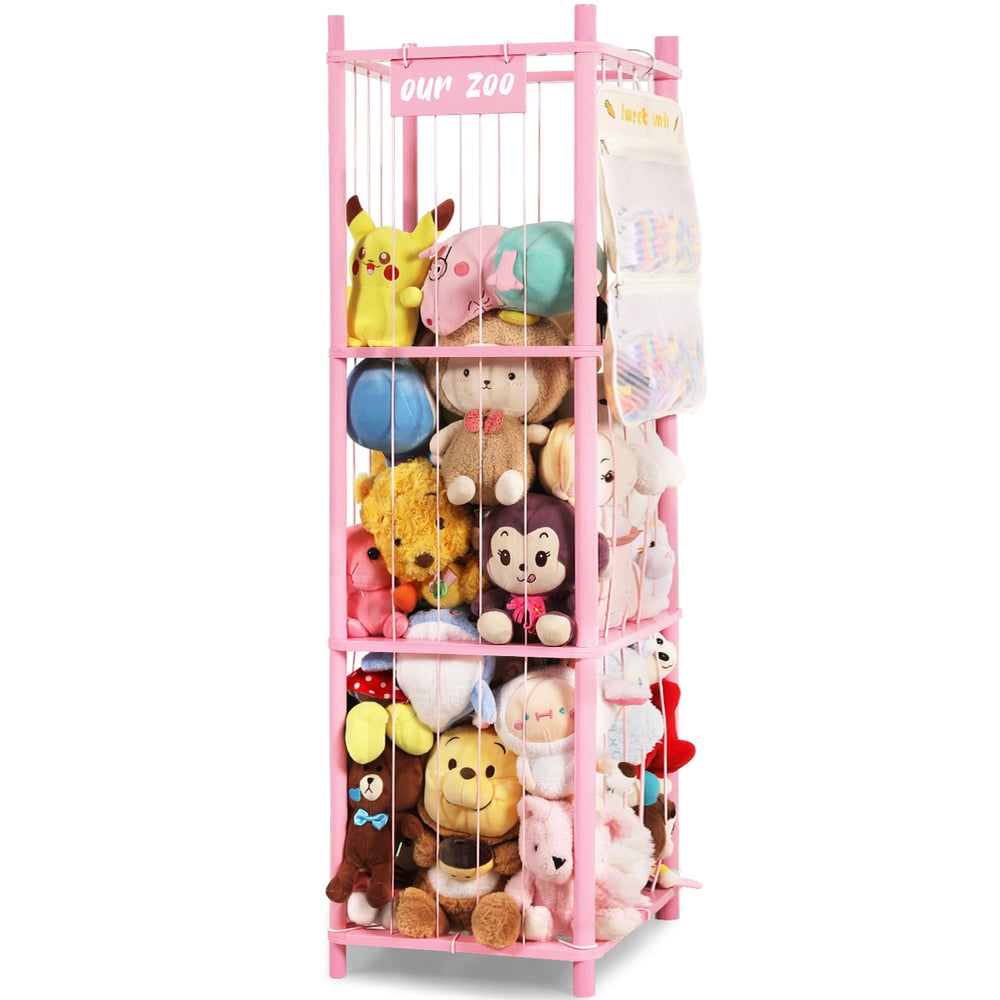 TOPHDY stuffed animal storage organizer pink front view with spacious shelves for plush toys