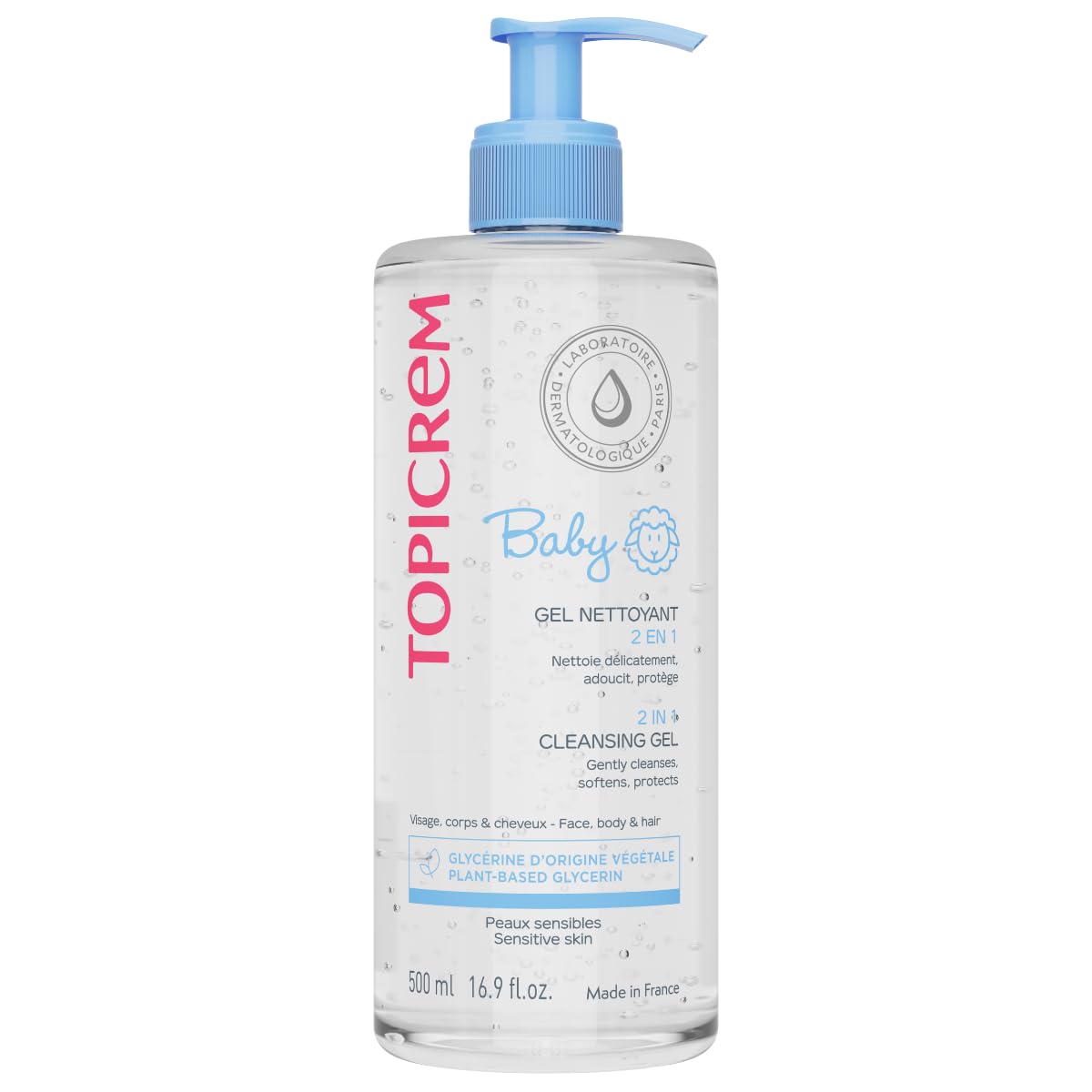 Topicrem 2-in-1 cleansing gel 500ml bottle for gentle baby cleansing