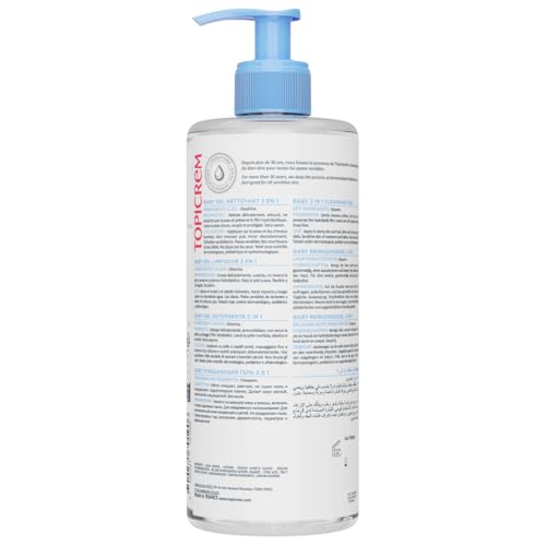 Topicrem 2-in-1 cleansing gel 500ml packaging highlights organic baby care formula