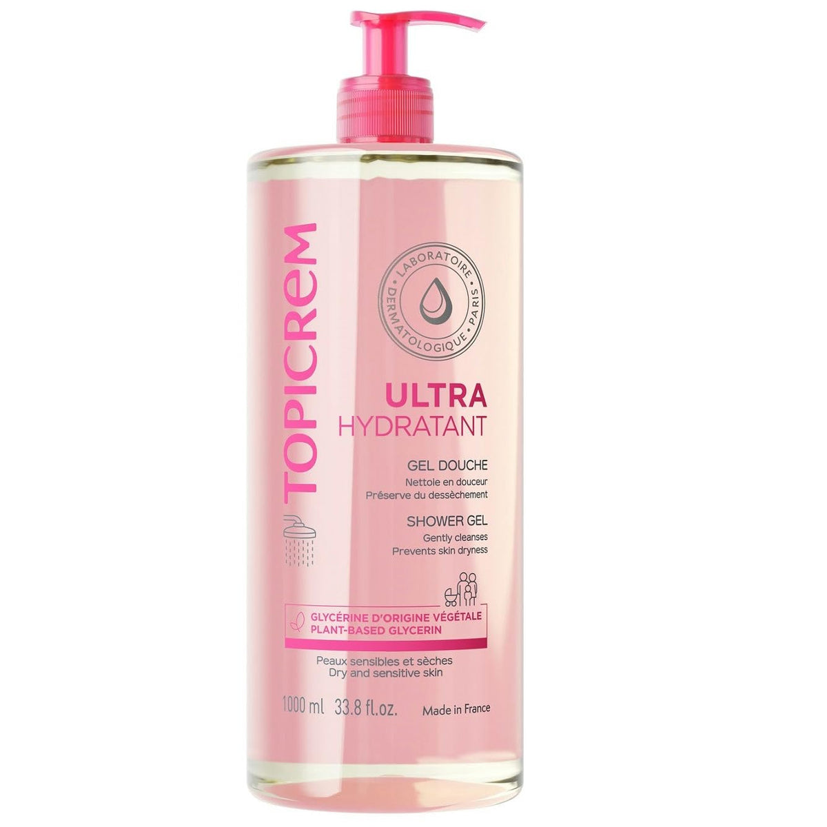 Topicrem Ultra-Hydratant Shower Gel bottle 1000 ml provides long-lasting hydration.