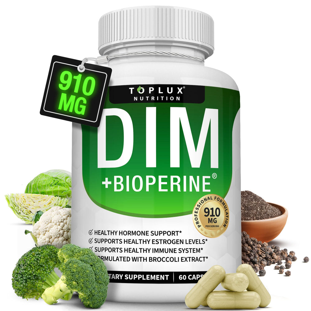 Toplux DIM supplement bottle showing 910 mg dosage for potential hormonal support