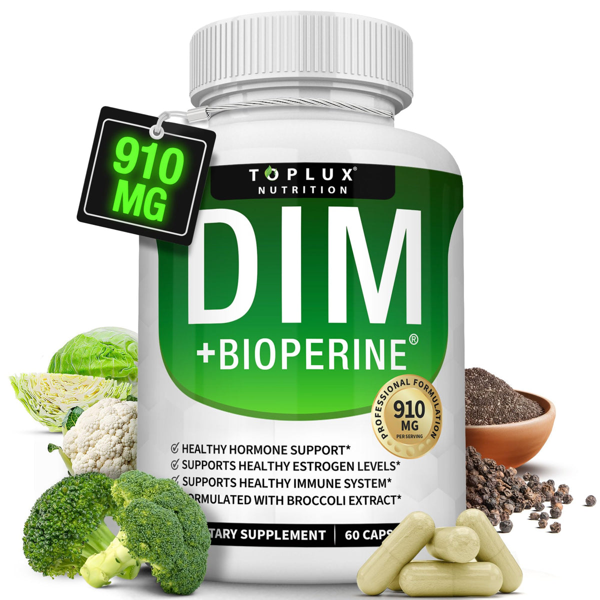 Toplux DIM supplement bottle showing 910 mg dosage for potential hormonal support