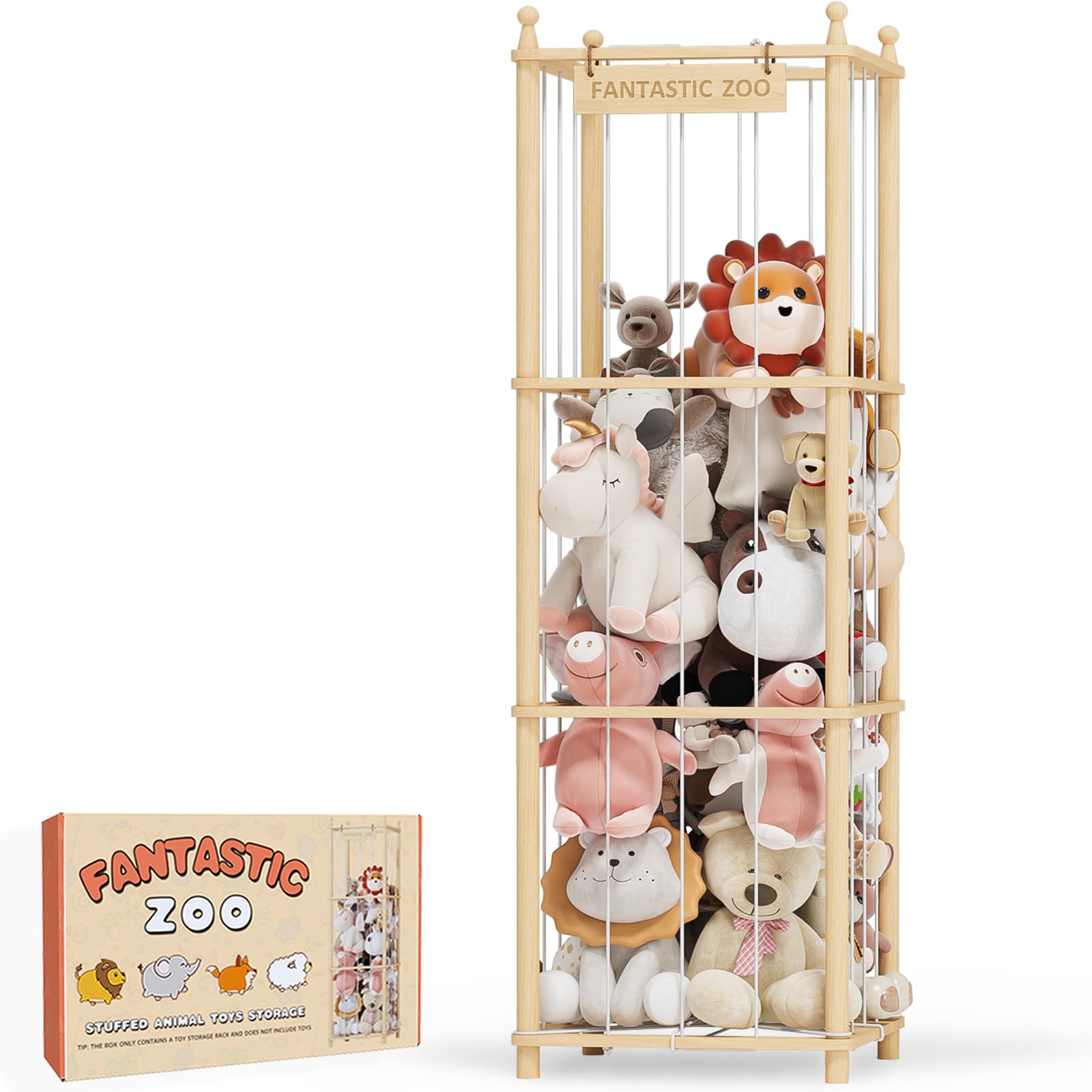 TOPMELON stuffed animal zoo storage wooden frame with rounded edges for safe toy organization.