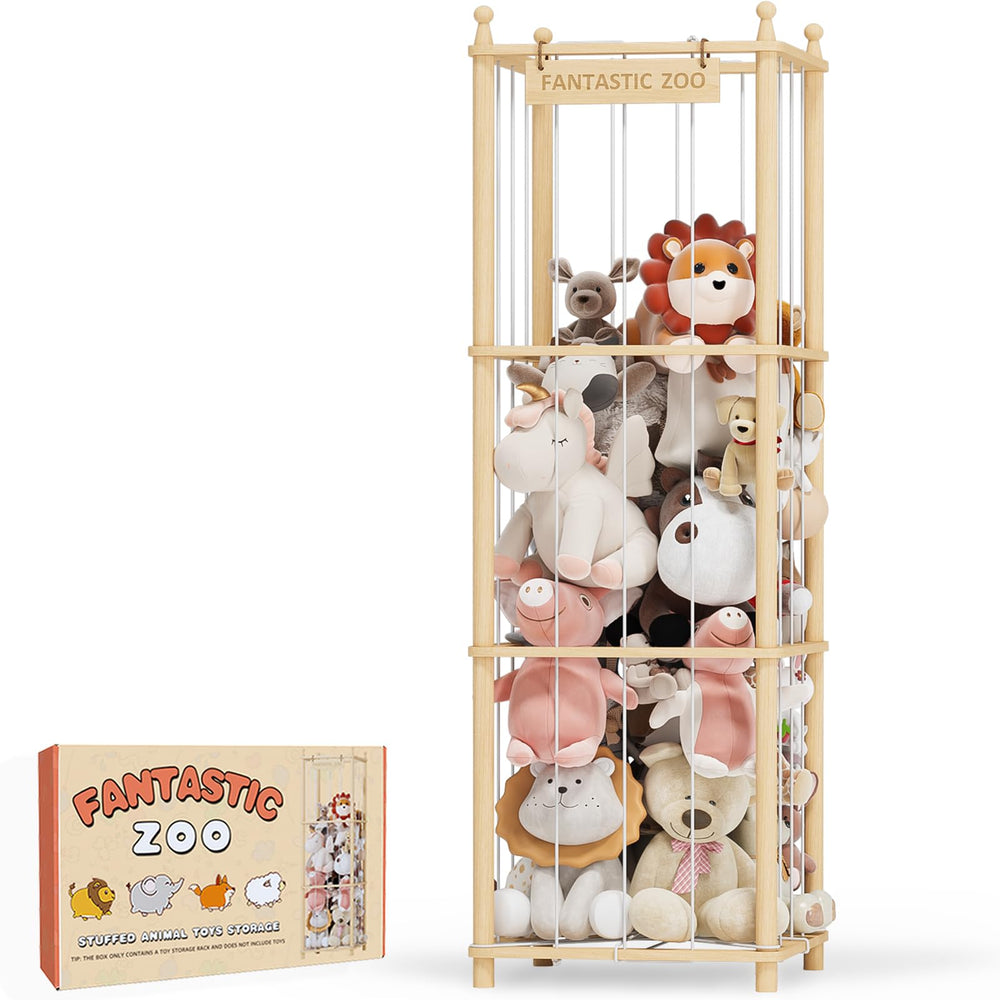 TOPMELON stuffed animal zoo storage wooden frame with rounded edges for safe toy organization.
