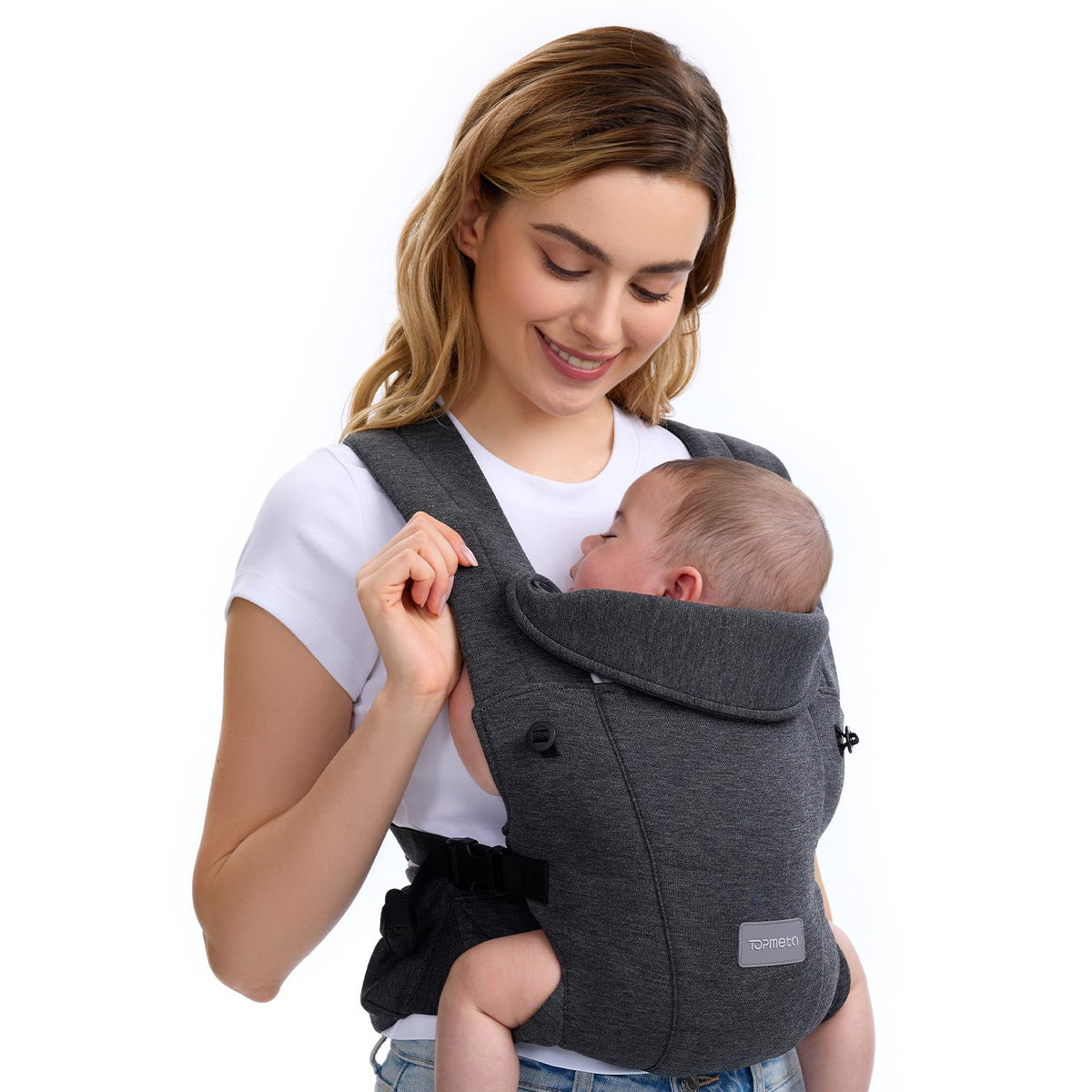 Topmeta Newborn Carrier in soft wrap with a snug hold for a newborn