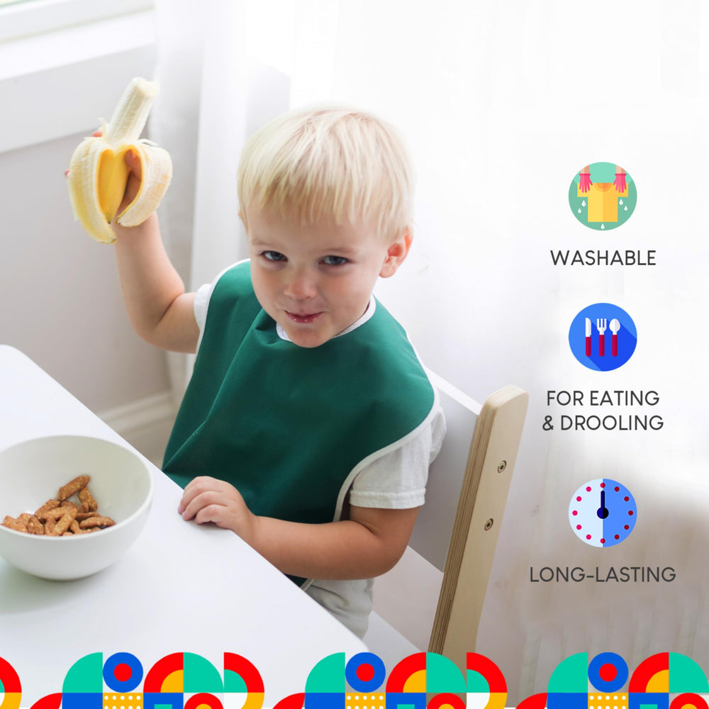 Toppy Toddler bib golden-rod color coordinates with kids' outfits.