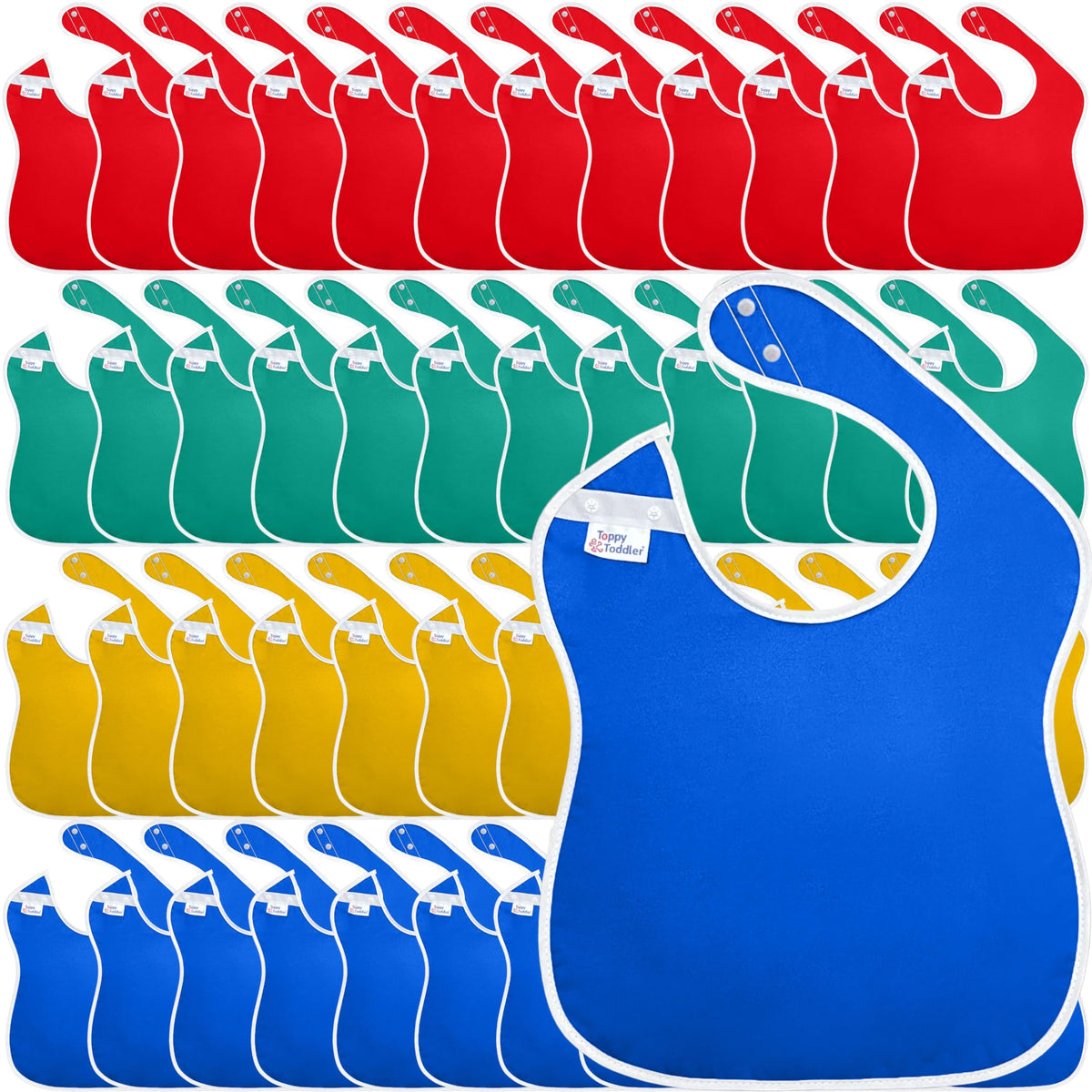 Toppy Toddler bibs with wide coverage protecting clothes during meals.