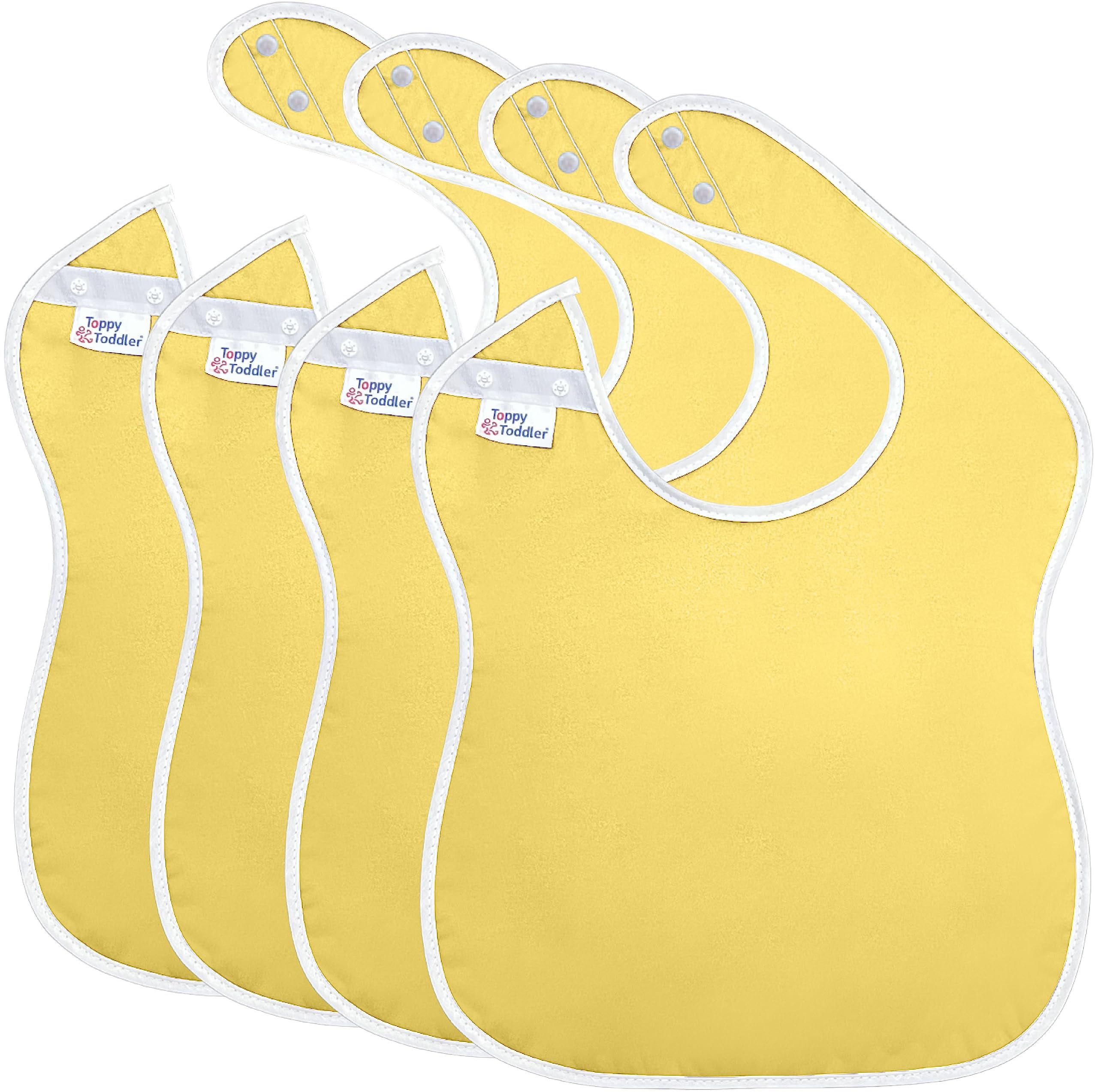 Toppy Toddler pastel lemon bib open, showcasing waterproof front for quick mess protection.