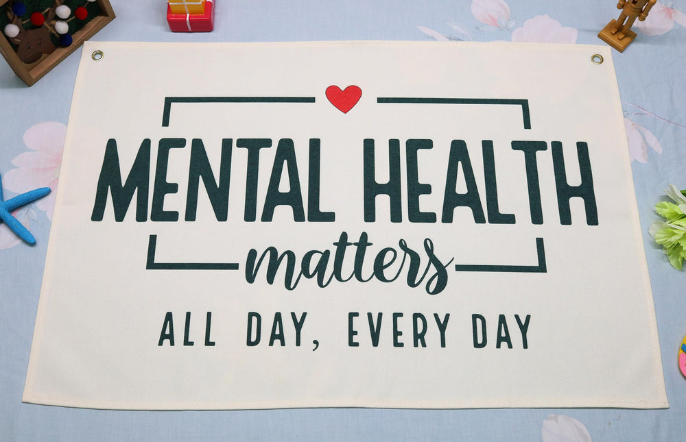 Topthink mental health banner on beige wall adds gentle inspiration for kids.