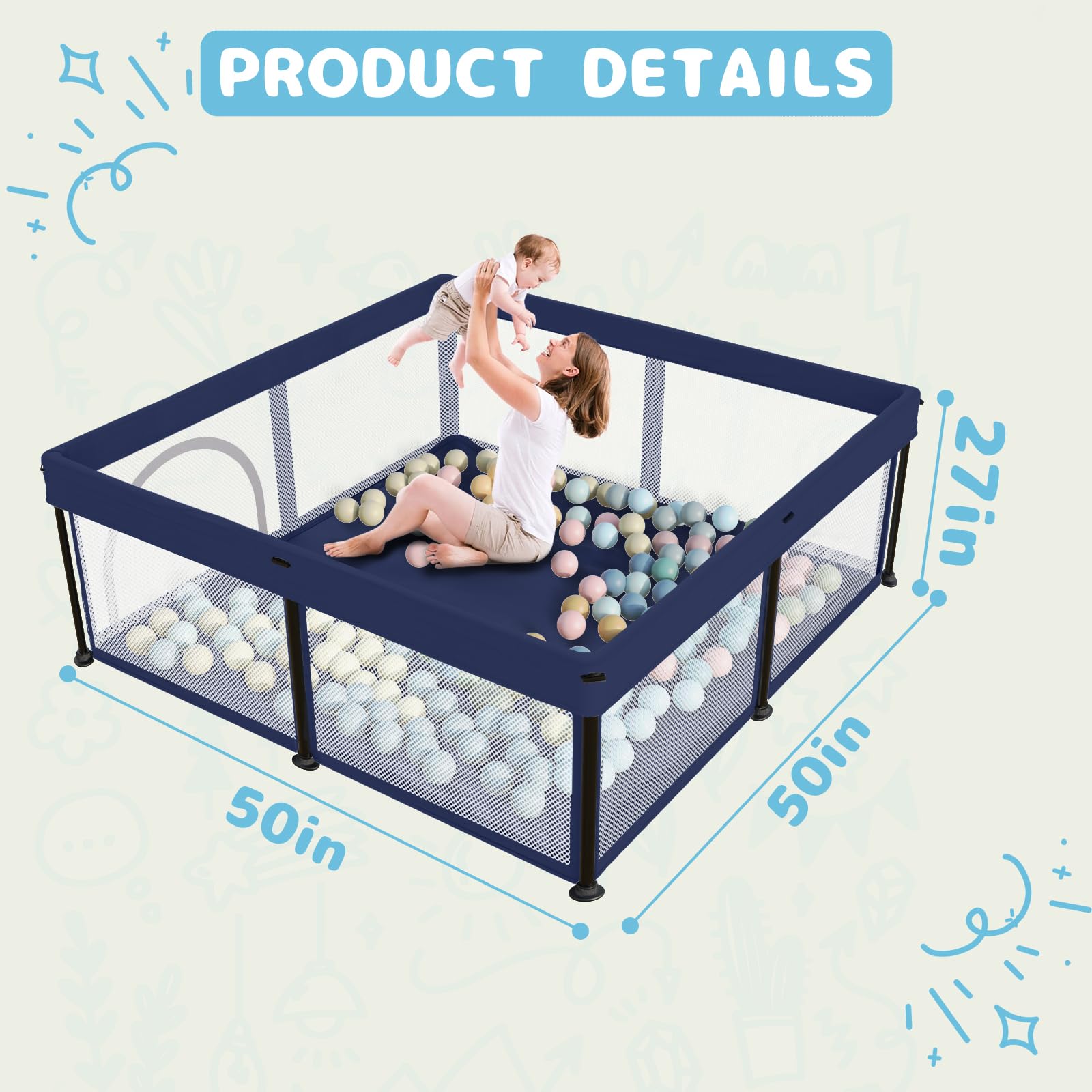 TOREVSIOR foldable playpen non-slip base and sturdy tubes for stability