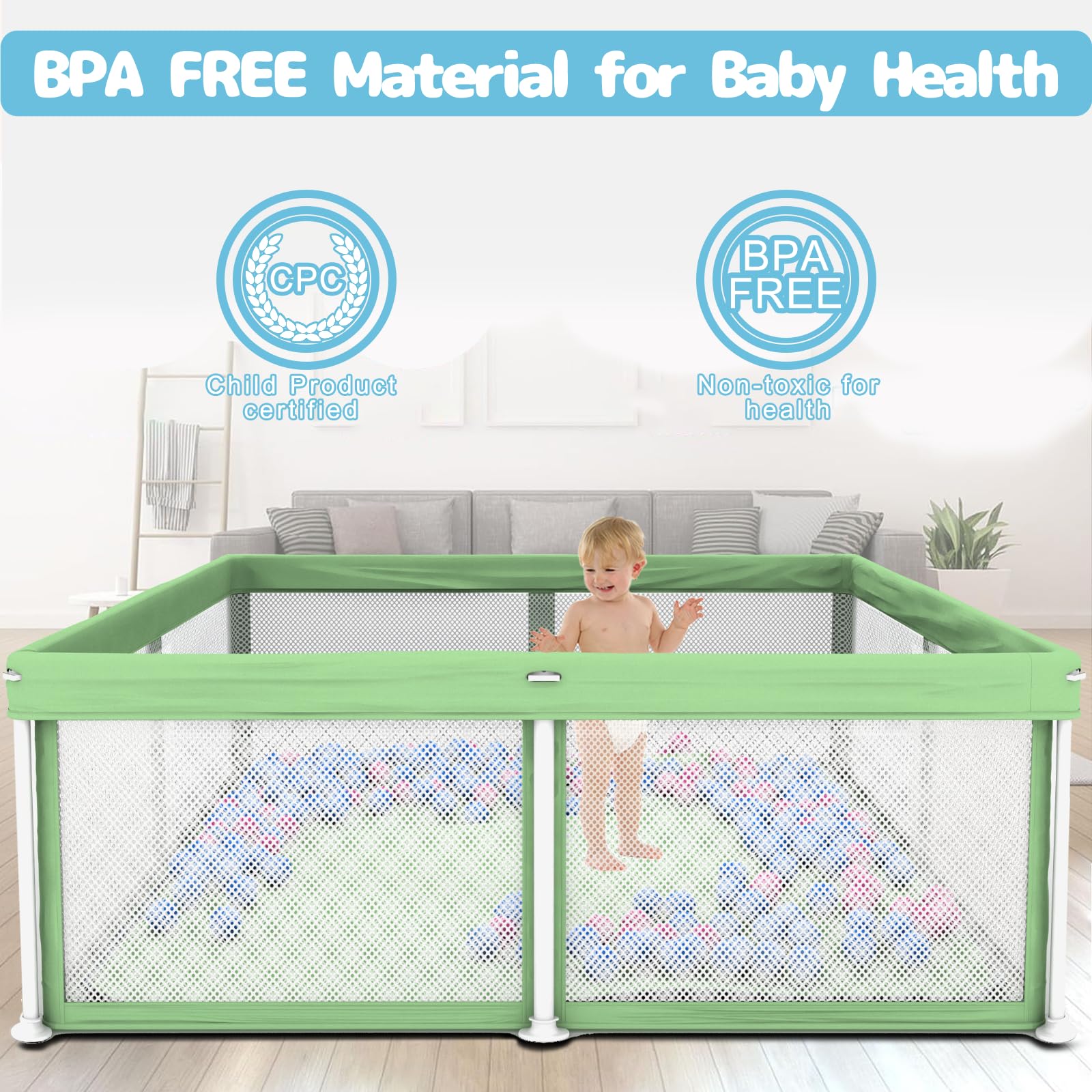 TOREVSIOR mesh walls provide breathable visibility while baby plays.
