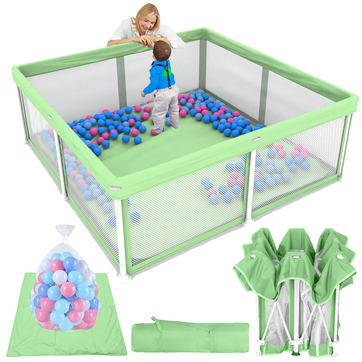 TOREVSIOR foldable baby playpen with mat, quick setup for on-the-go playtime.