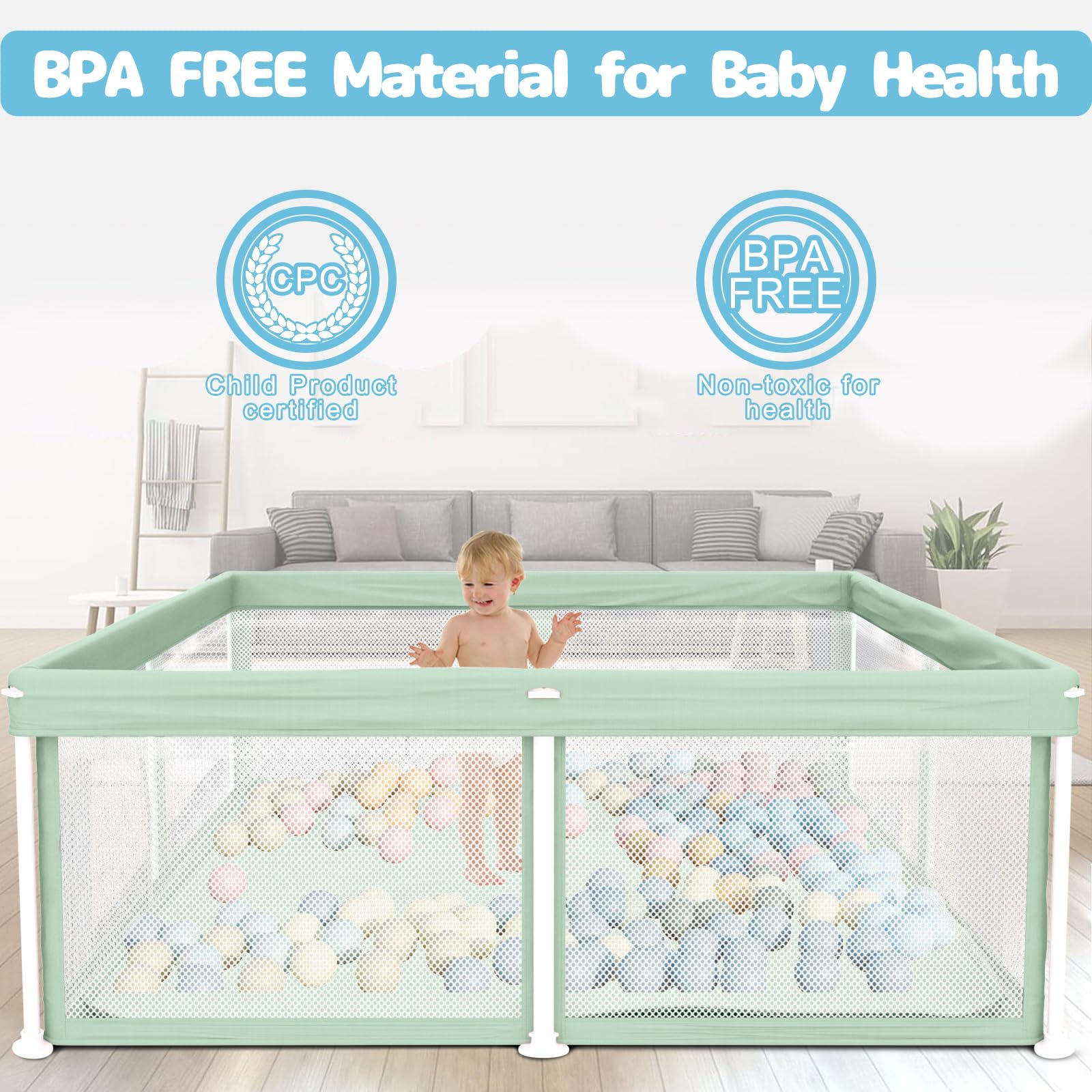 TOREVSIOR playpen with external zipper ensures baby cannot climb out.