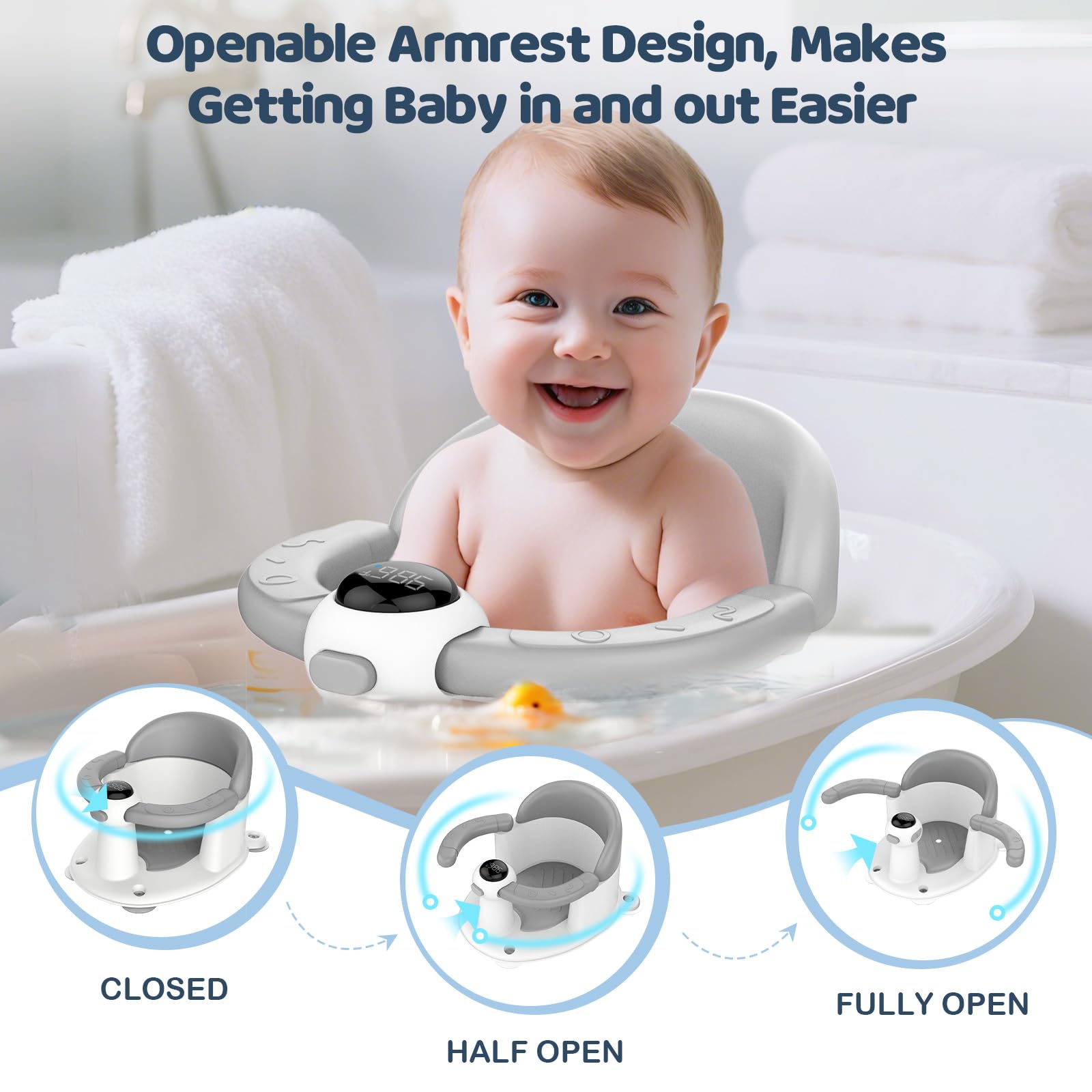 TOSGN high backrest and armrests support babies during baths.