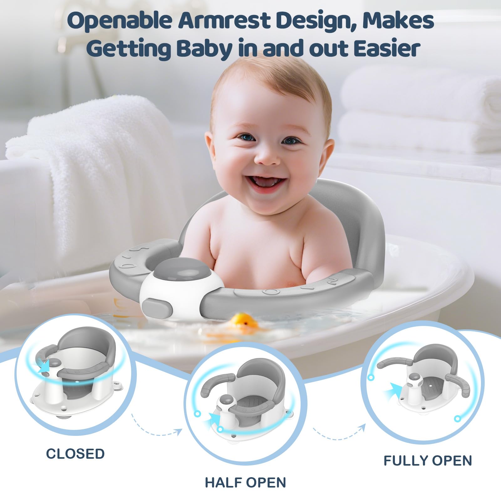 TOSGN bath seat with non-slip suction cups on smooth tub surface
