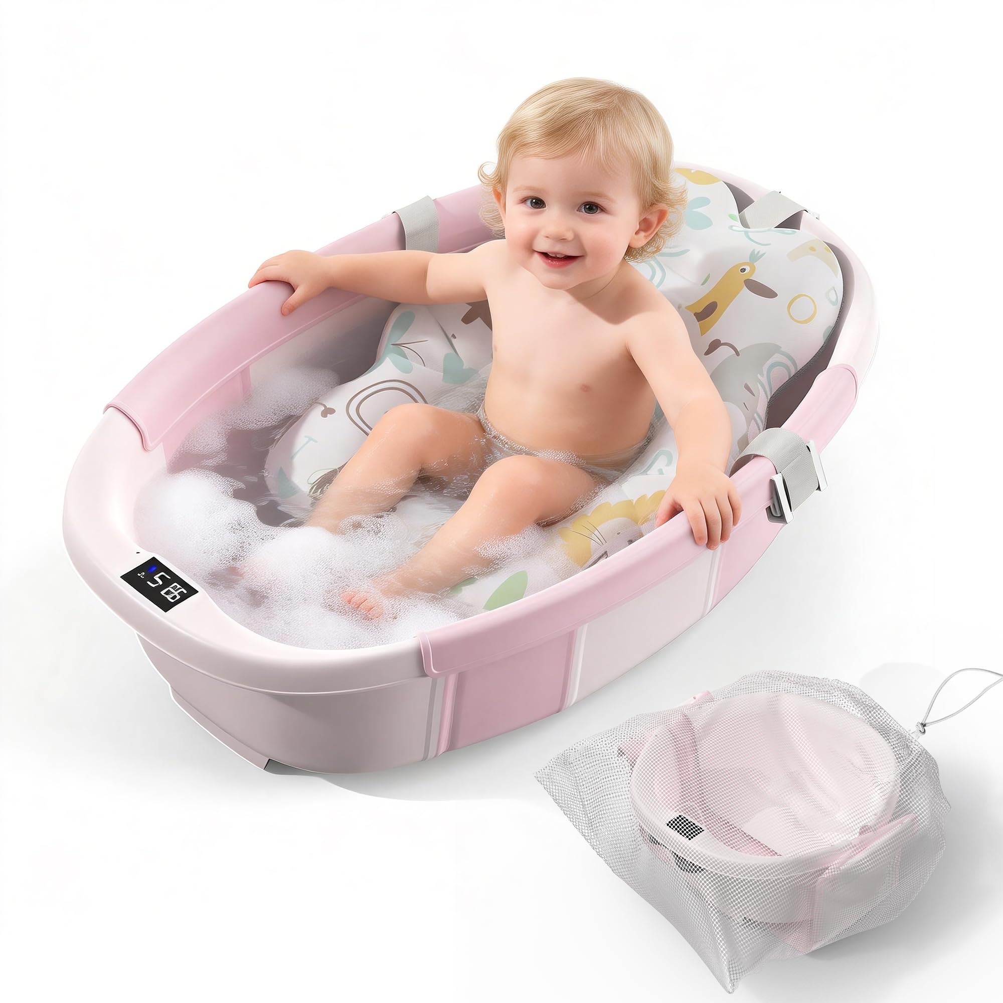 TOSGN collapsible baby bathtub folded for compact storage and travel.