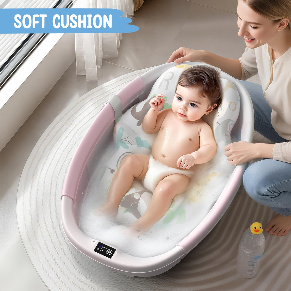 TOSGN collapsible baby bathtub includes a soft cushion supporting baby's spine.