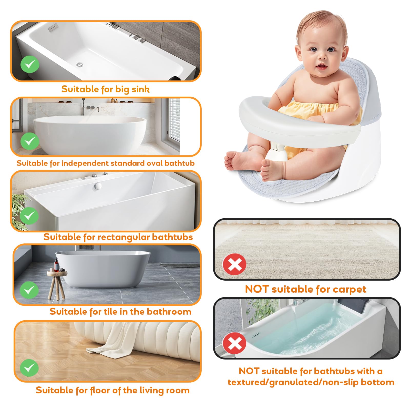 TOSGN Bath seat safety backrest supports baby comfortably