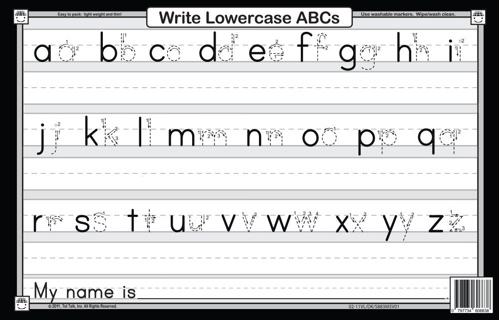 Tot Talk placemat back side with phonics exercises for writing practice