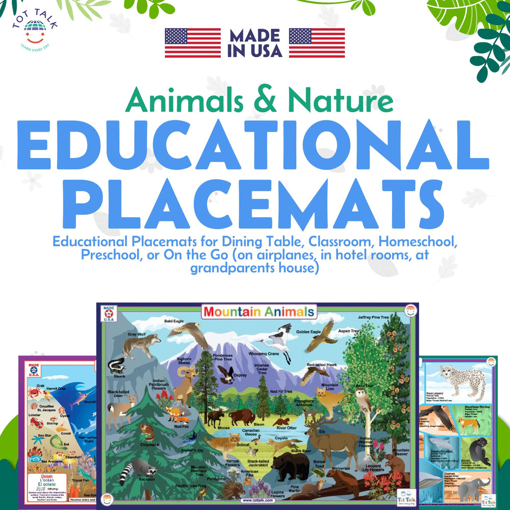 Tot Talk Mountain Animals placemat coloring side inspires creativity during meals.