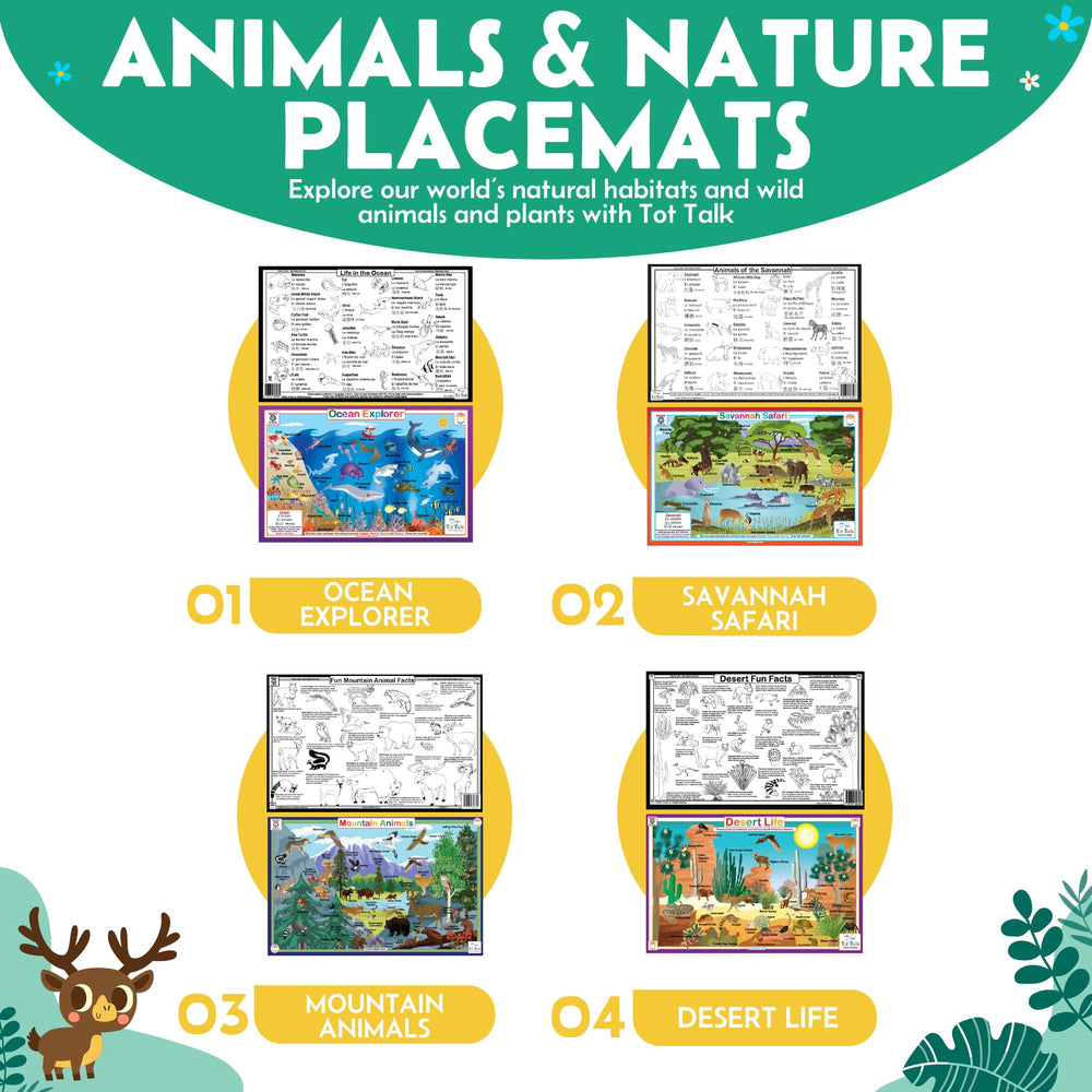 Tot Talk Wildlife Explorer jungle dining placemat promotes interactive discussions.
