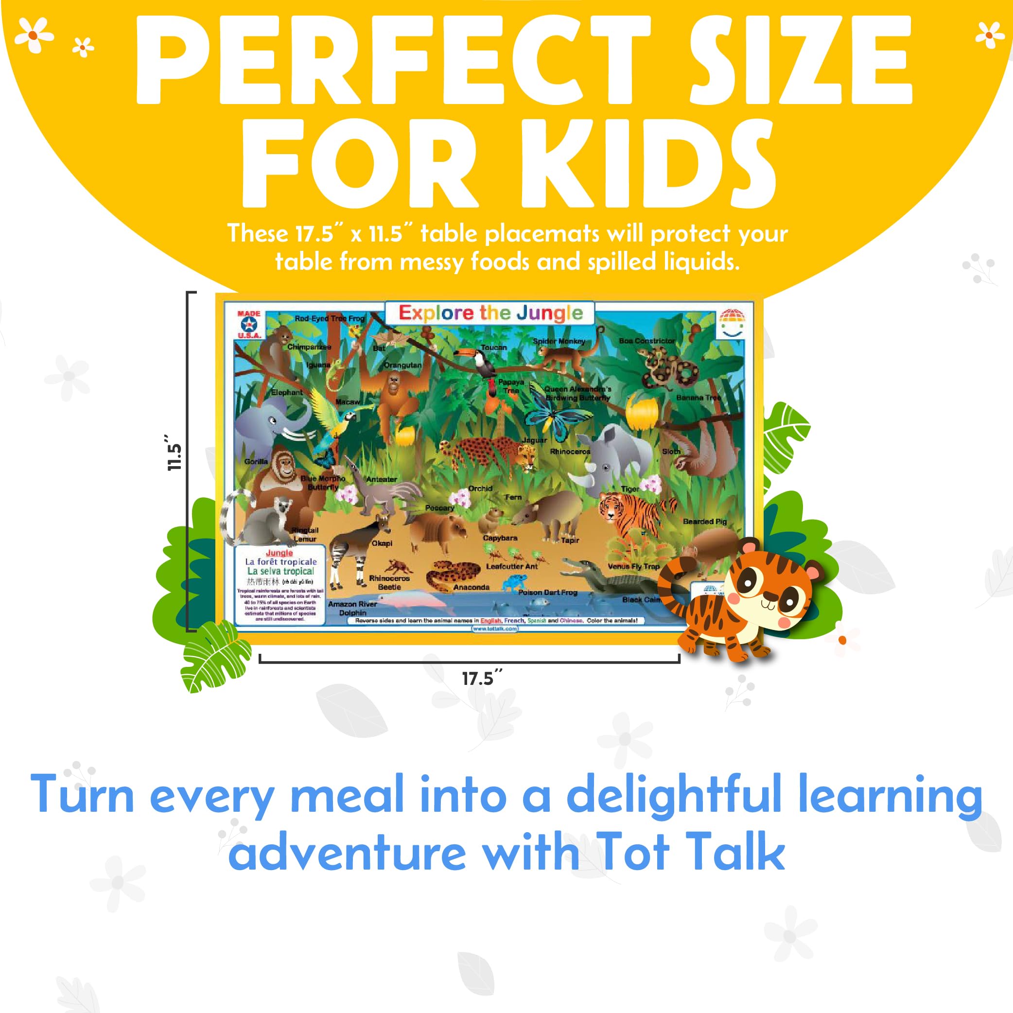 Tot Talk Wildlife Explorer mountain dining placemat supports table conversations.