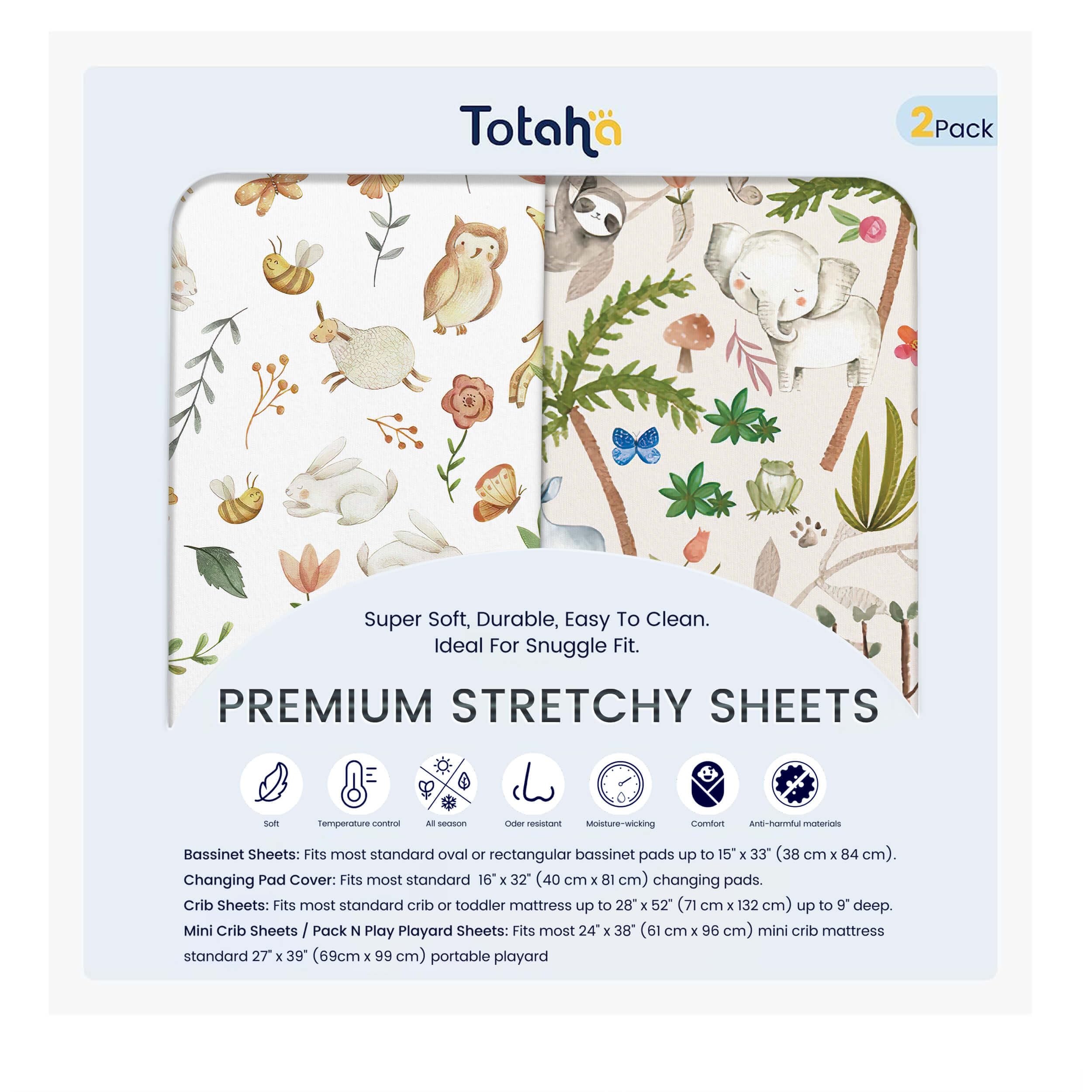 TotAha bassinet sheet Happy Zoo design, soft jersey knit for cozy, restful naps.