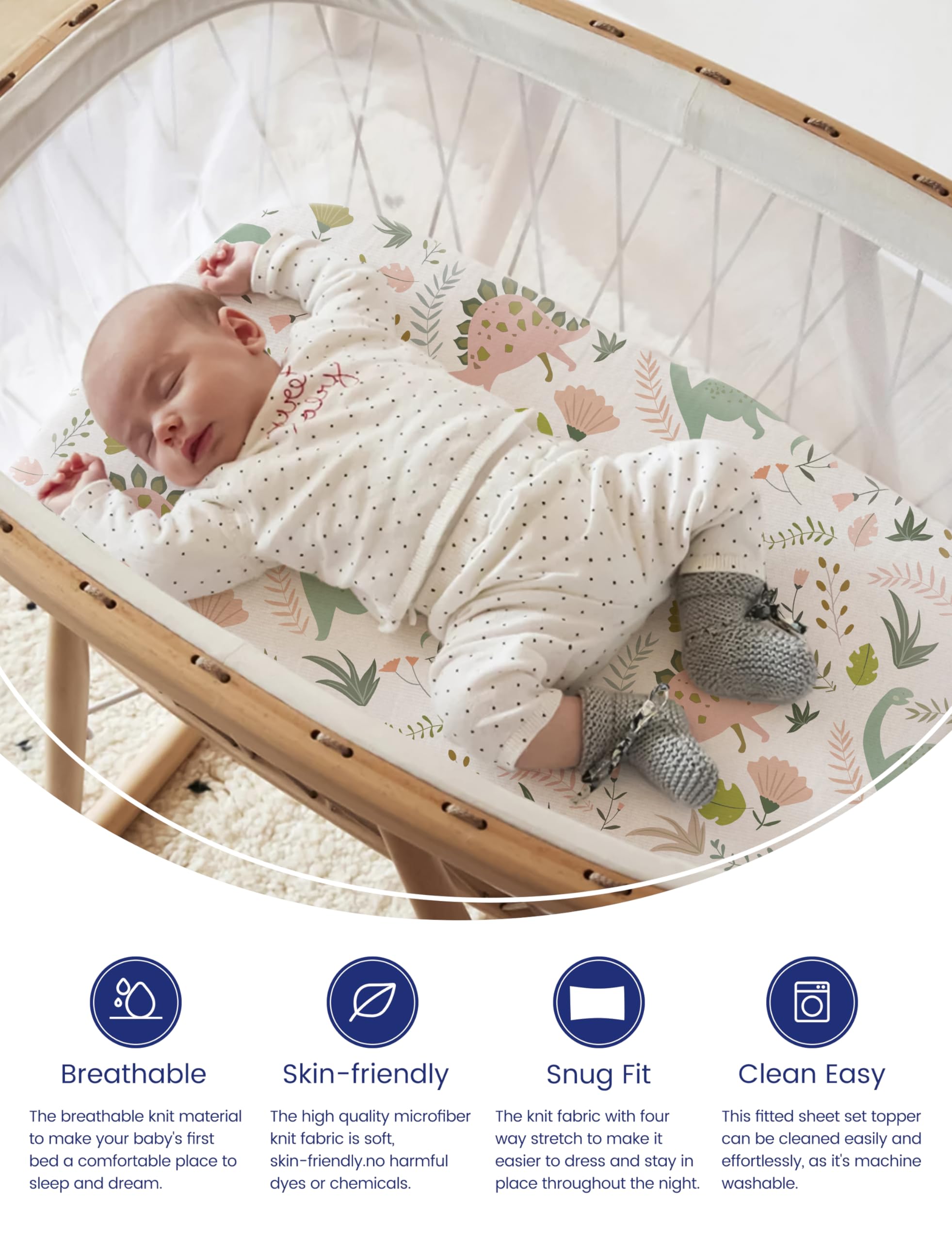 TotAha bassinet sheet universal fit for oval, rectangle, and hourglass cradles.