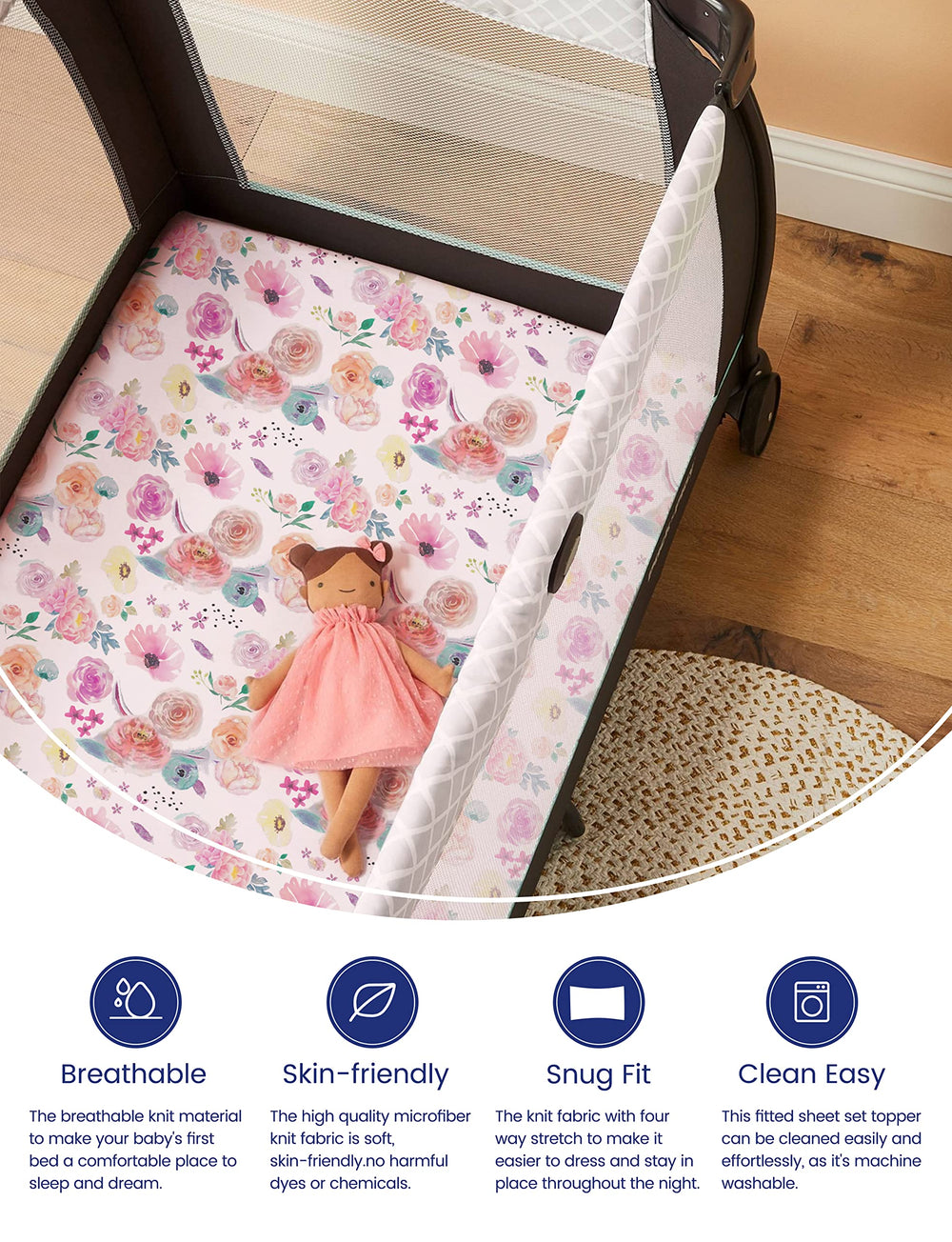 TotAha blue-flowers pack-n-play sheet adds calming color while staying soft and durable.