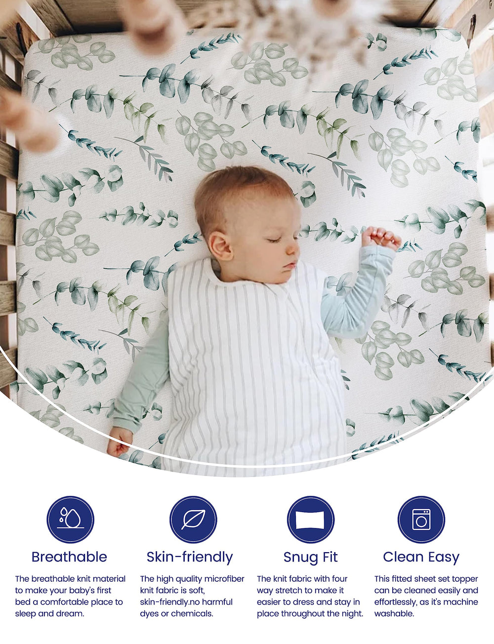 TotAha Botanical crib sheets stretch-fit design demonstrates easy mattress anchoring.