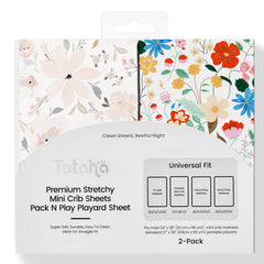 TotAha Buttery Soft mini crib sheets with floral Pack Play design provide snug fit and gentle comfort.