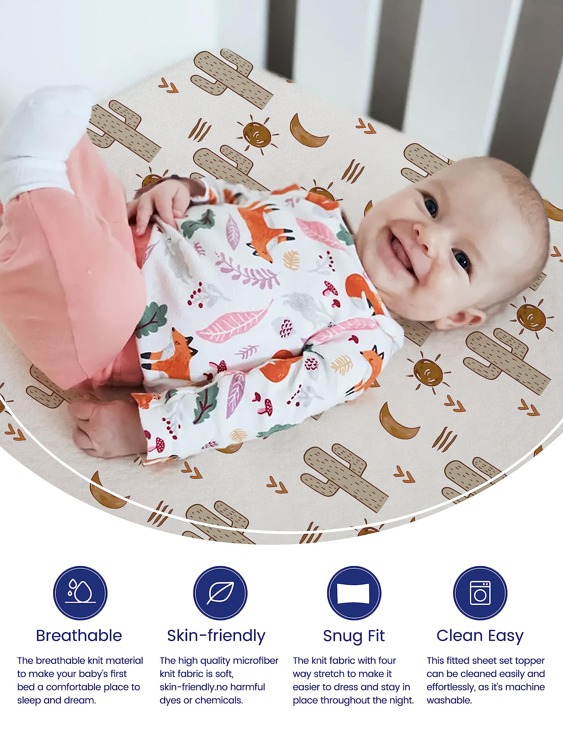 TotAha cactus pack n play sheets on crib mattress demonstrating stretch-fit softness