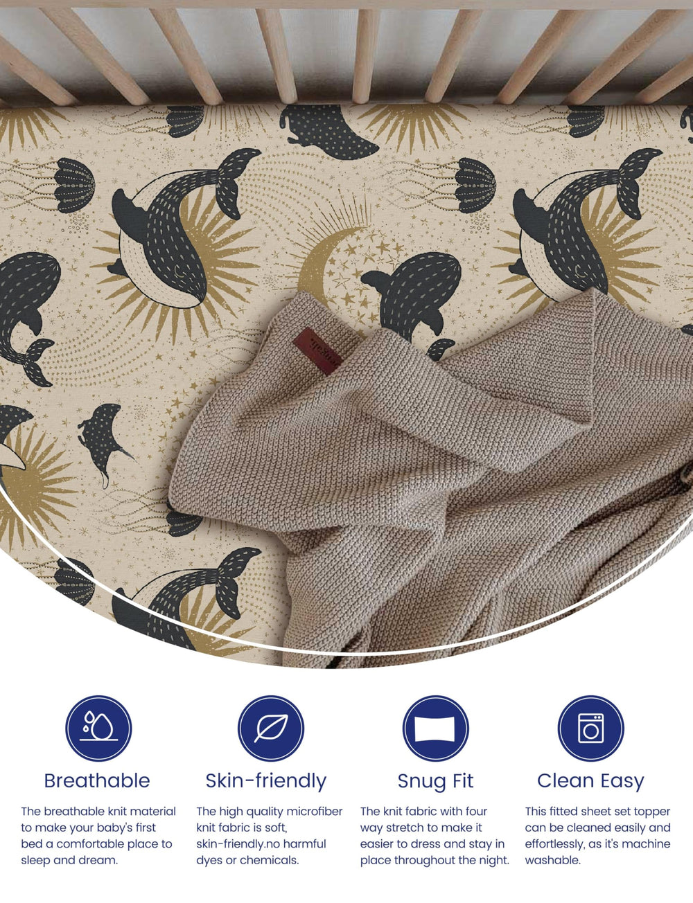 TotAha 9-inch deep pocket keeps sheets snug on standard cribs.