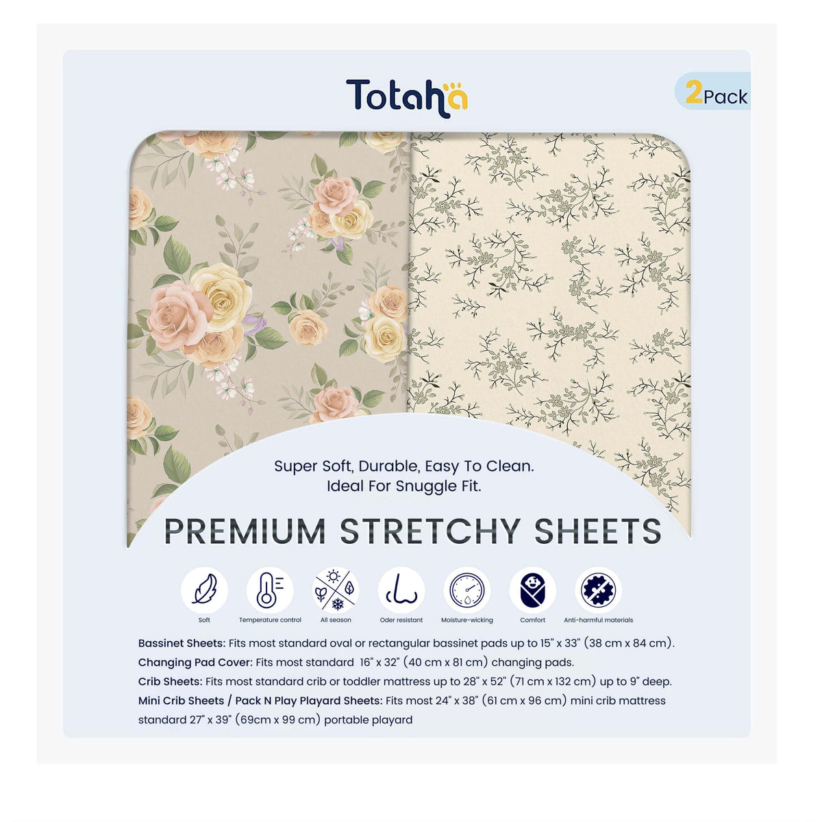 TotAha crib sheets Vintage Rose Brunch fit snugly on deep-pocket mattresses.