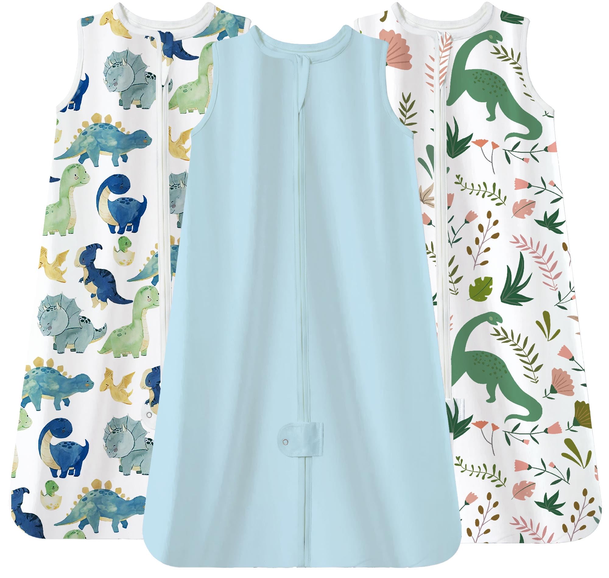 TotAha Cute Dinos Sleep Sack shows airy 0.5 TOG warmth for warm nights.