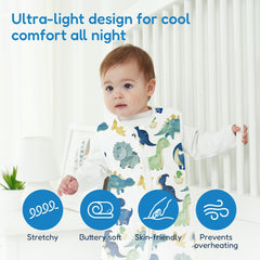 TotAha Cute Dinos Sleep Sack worn by baby highlights ultra-soft Jersey knit fabric.