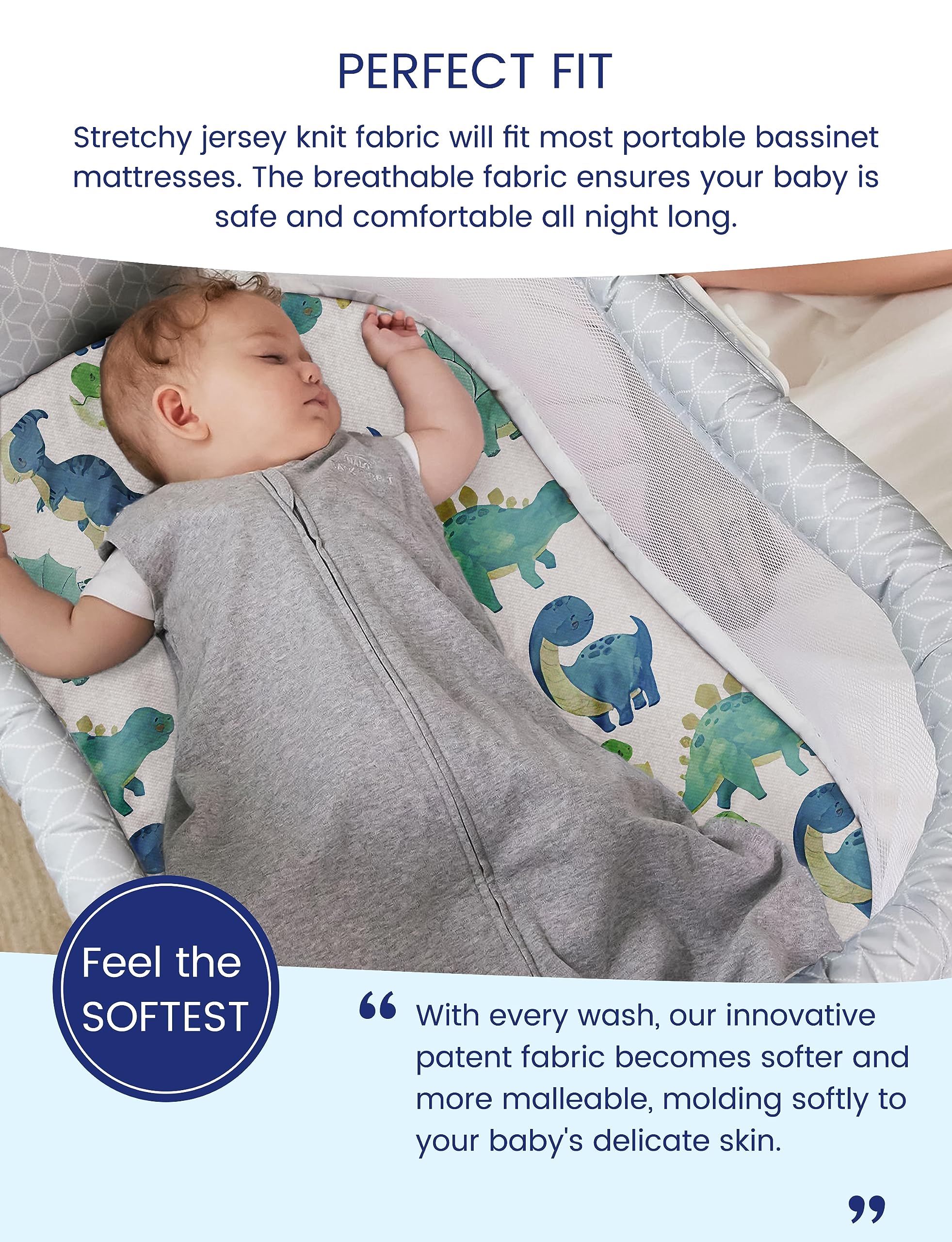 TotAha dinosaur bassinet sheet soft fabric highlighting gentle touch.